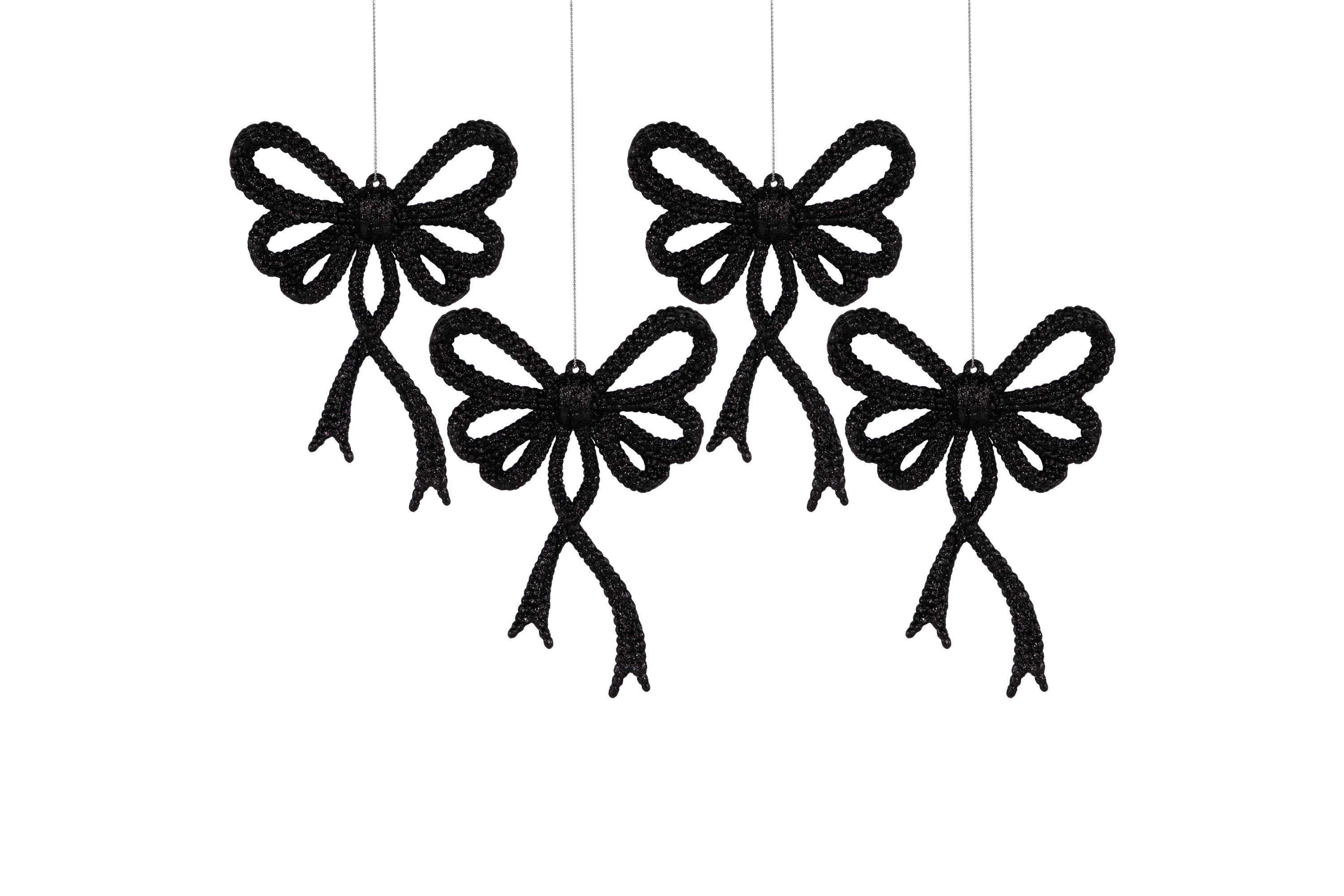 Set of 4 Black Glitter Bowtie Christmas Ornaments 6"