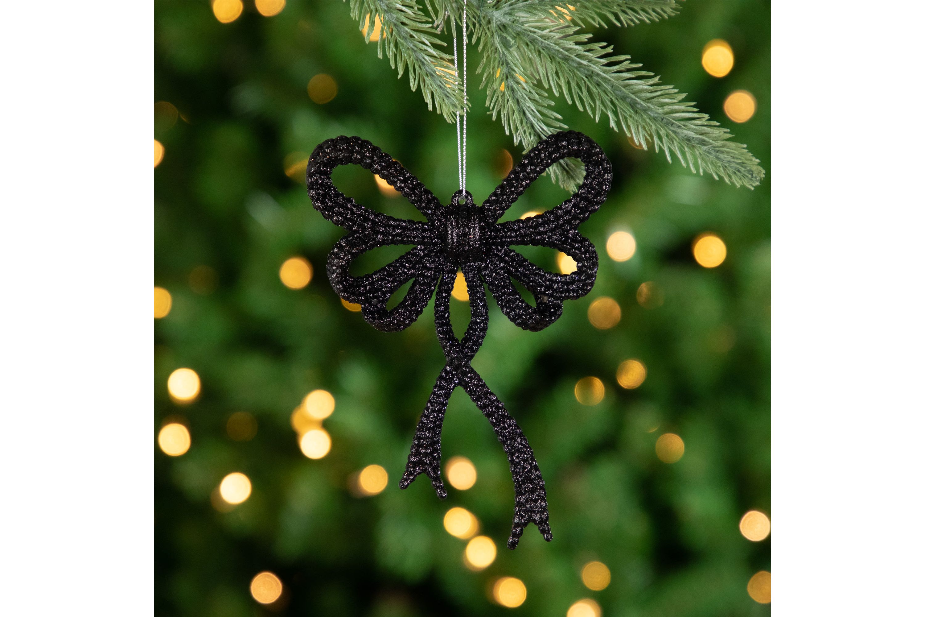 Set of 4 Black Glitter Bowtie Christmas Ornaments 6"