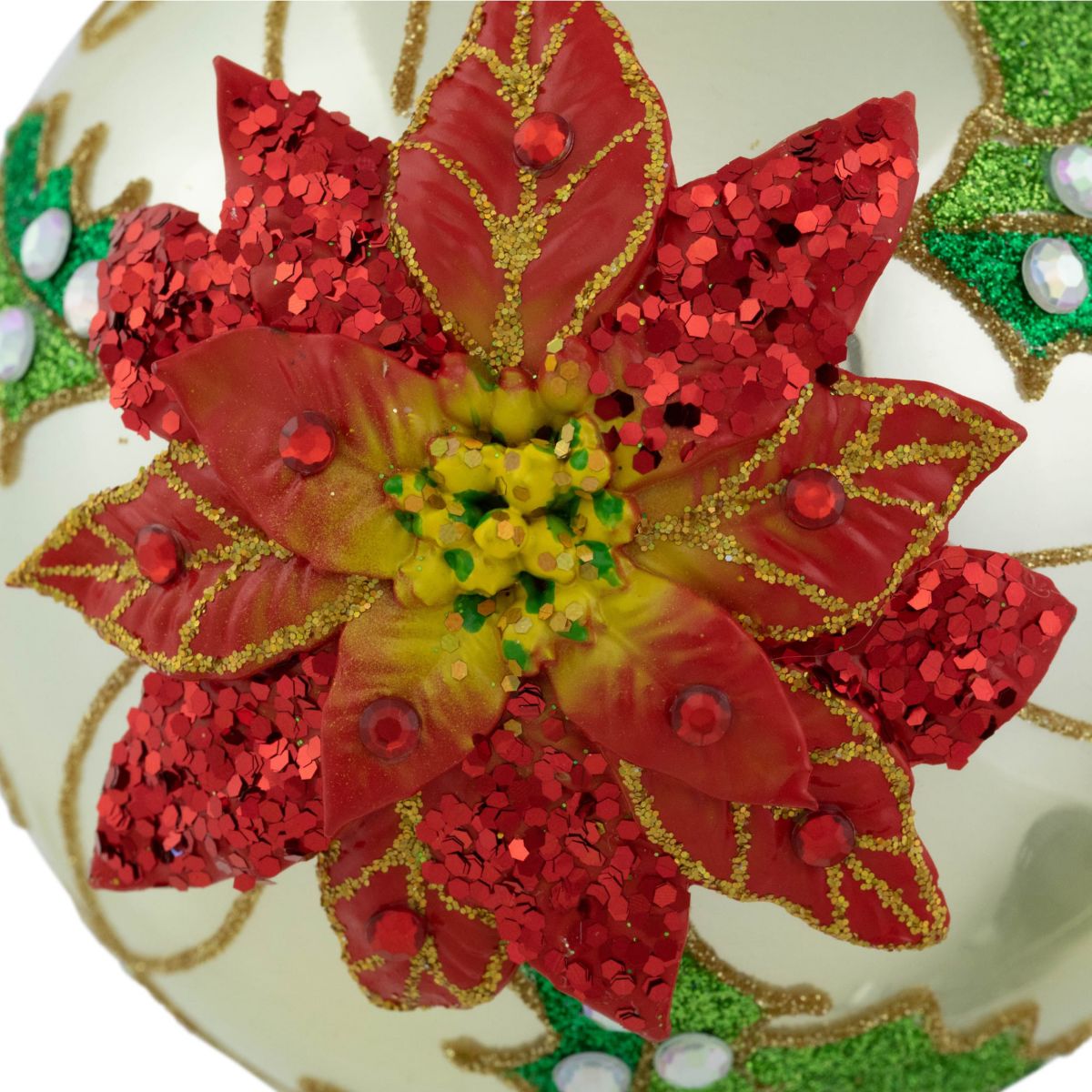 4" Red Glittered 2-D Poinsettia Glass Christmas Ball Ornament