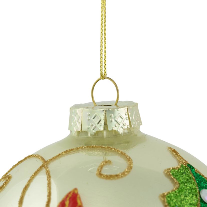4" Red Glittered 2-D Poinsettia Glass Christmas Ball Ornament