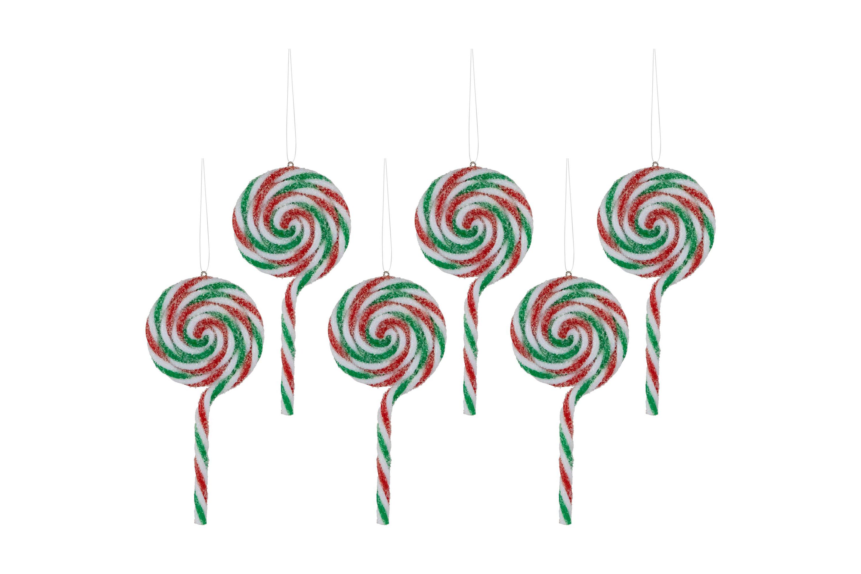 6ct Frosted White  Green and Red Lollipop Christmas Ornaments 7"