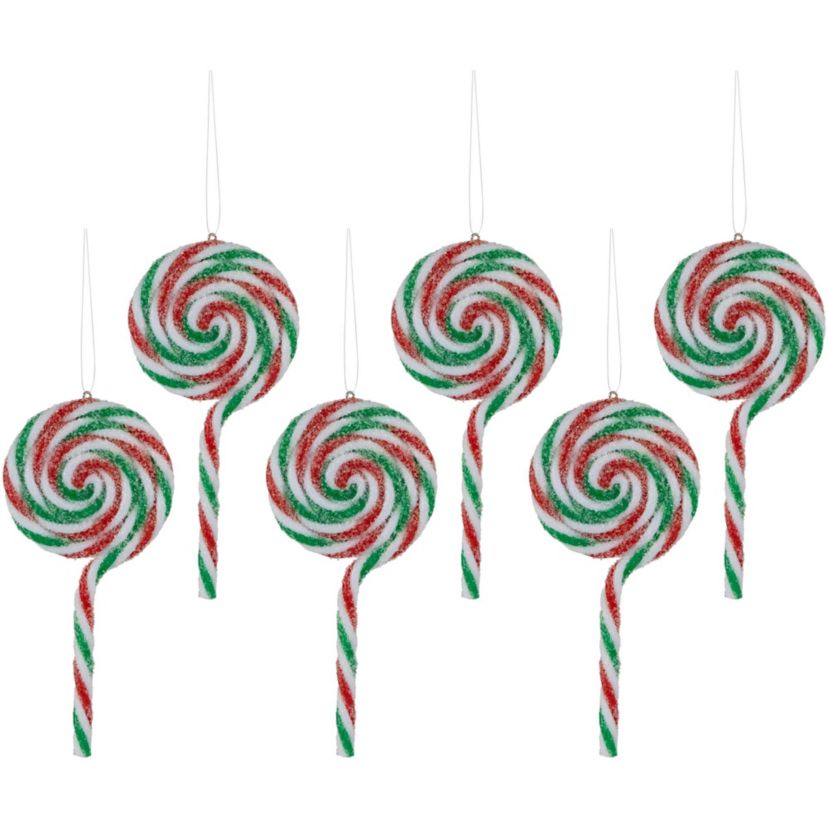 6ct Frosted White  Green and Red Lollipop Christmas Ornaments 7"