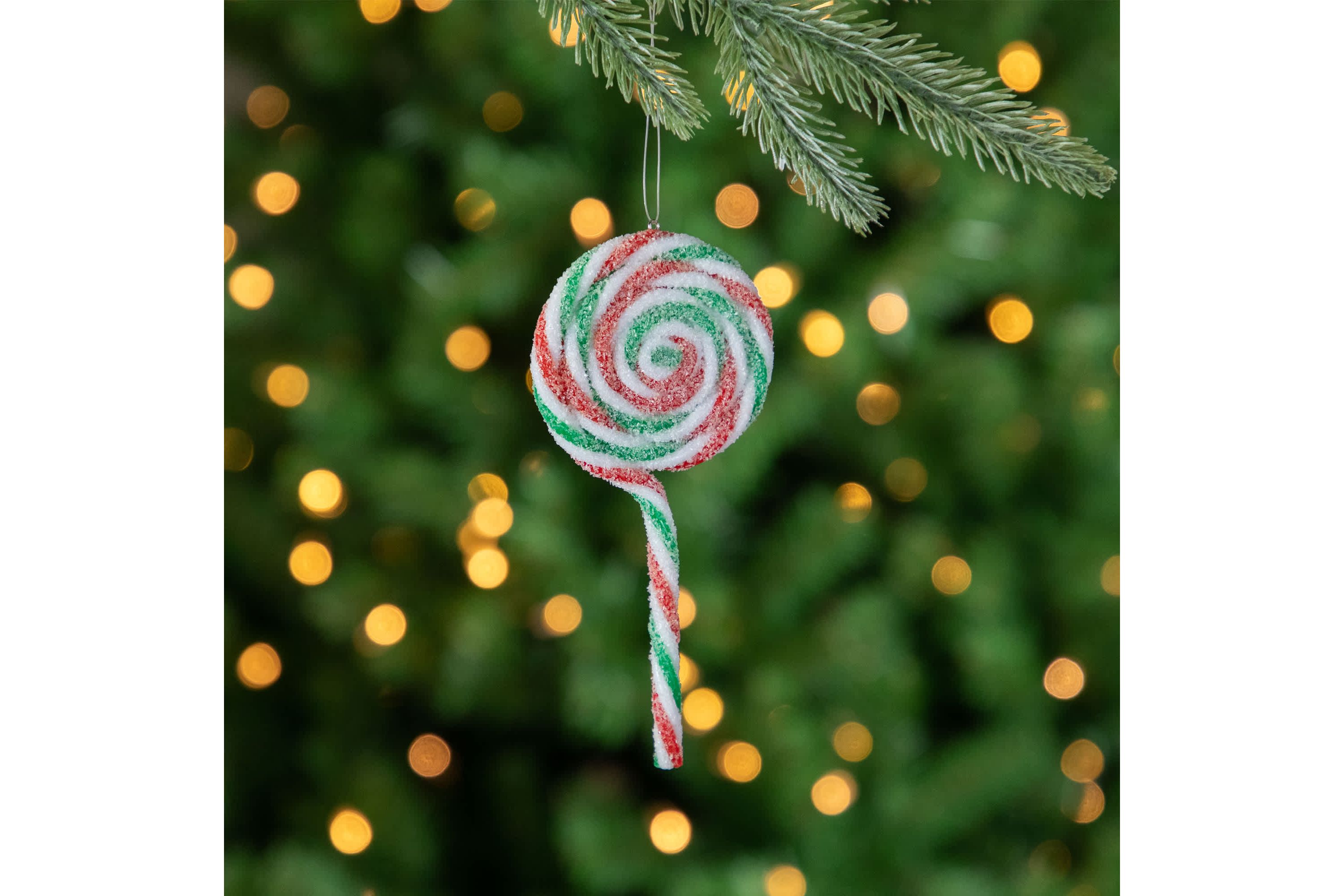 6ct Frosted White  Green and Red Lollipop Christmas Ornaments 7"
