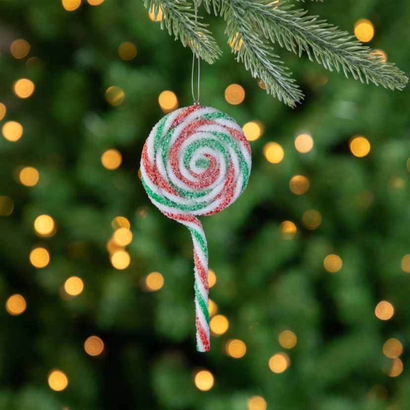 6ct Frosted White  Green and Red Lollipop Christmas Ornaments 7"