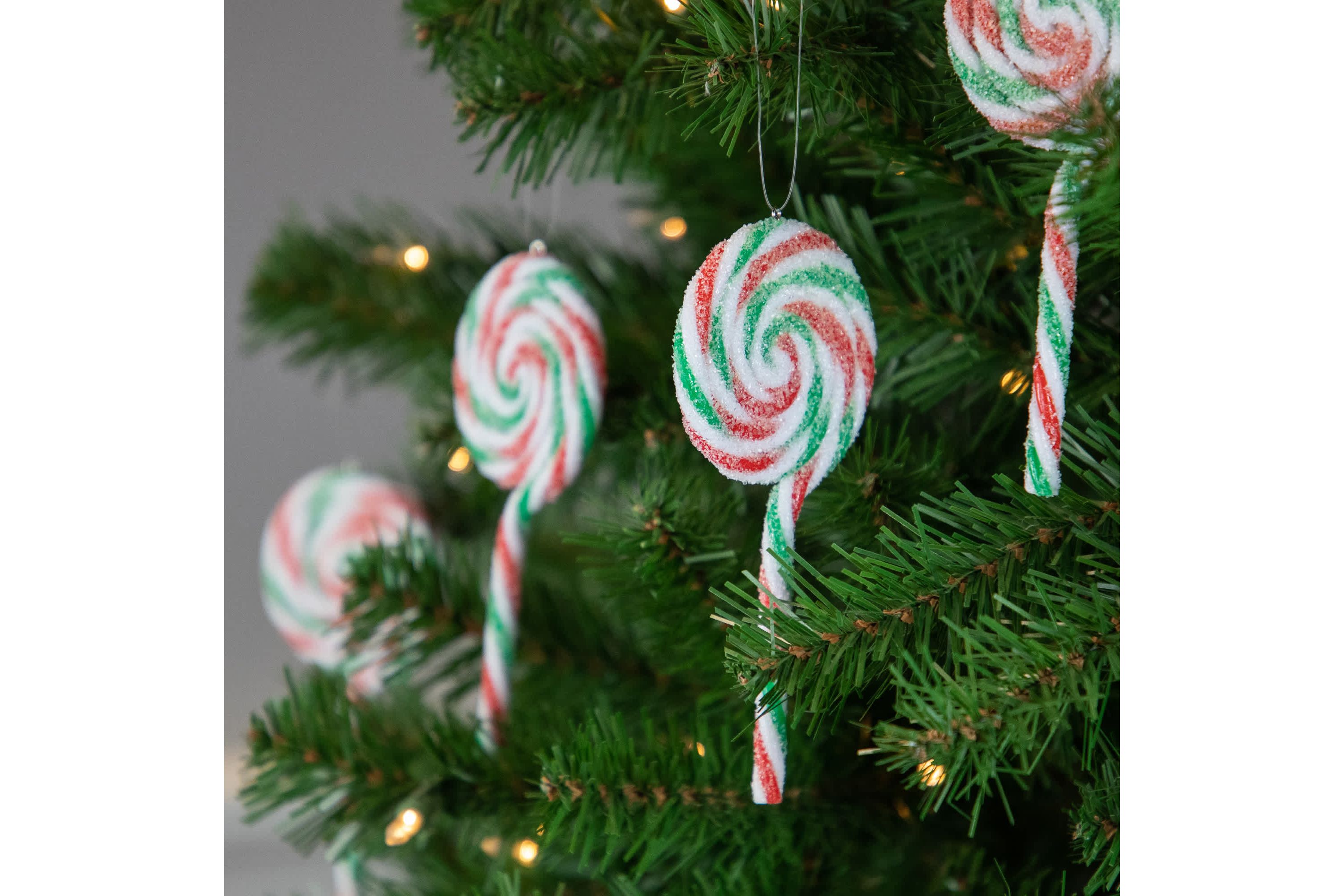 6ct Frosted White  Green and Red Lollipop Christmas Ornaments 7"