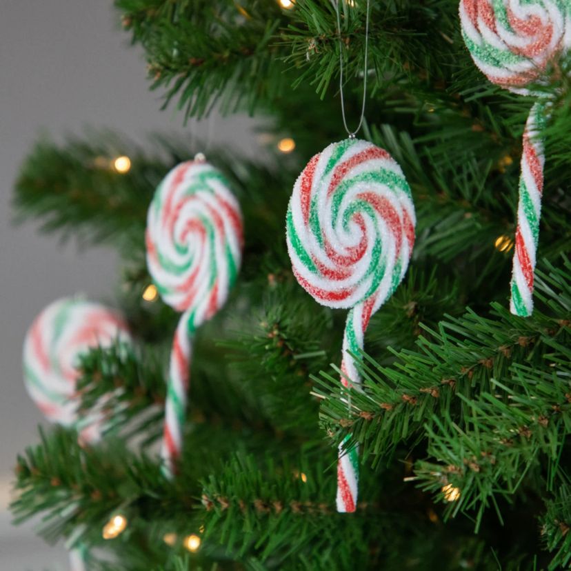 6ct Frosted White  Green and Red Lollipop Christmas Ornaments 7"