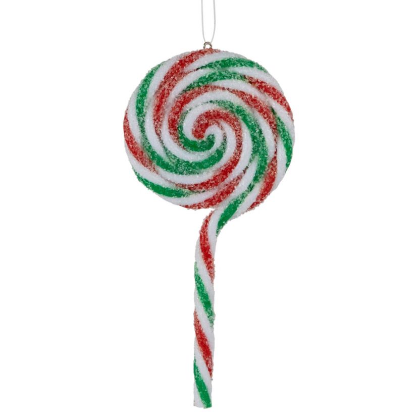 6ct Frosted White  Green and Red Lollipop Christmas Ornaments 7"