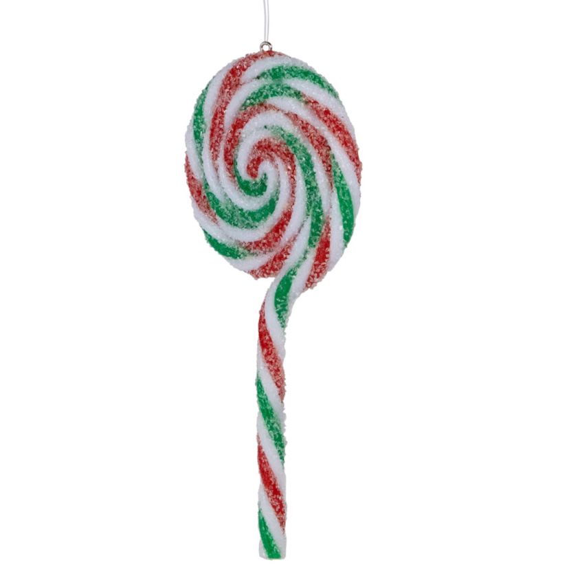 6ct Frosted White  Green and Red Lollipop Christmas Ornaments 7"
