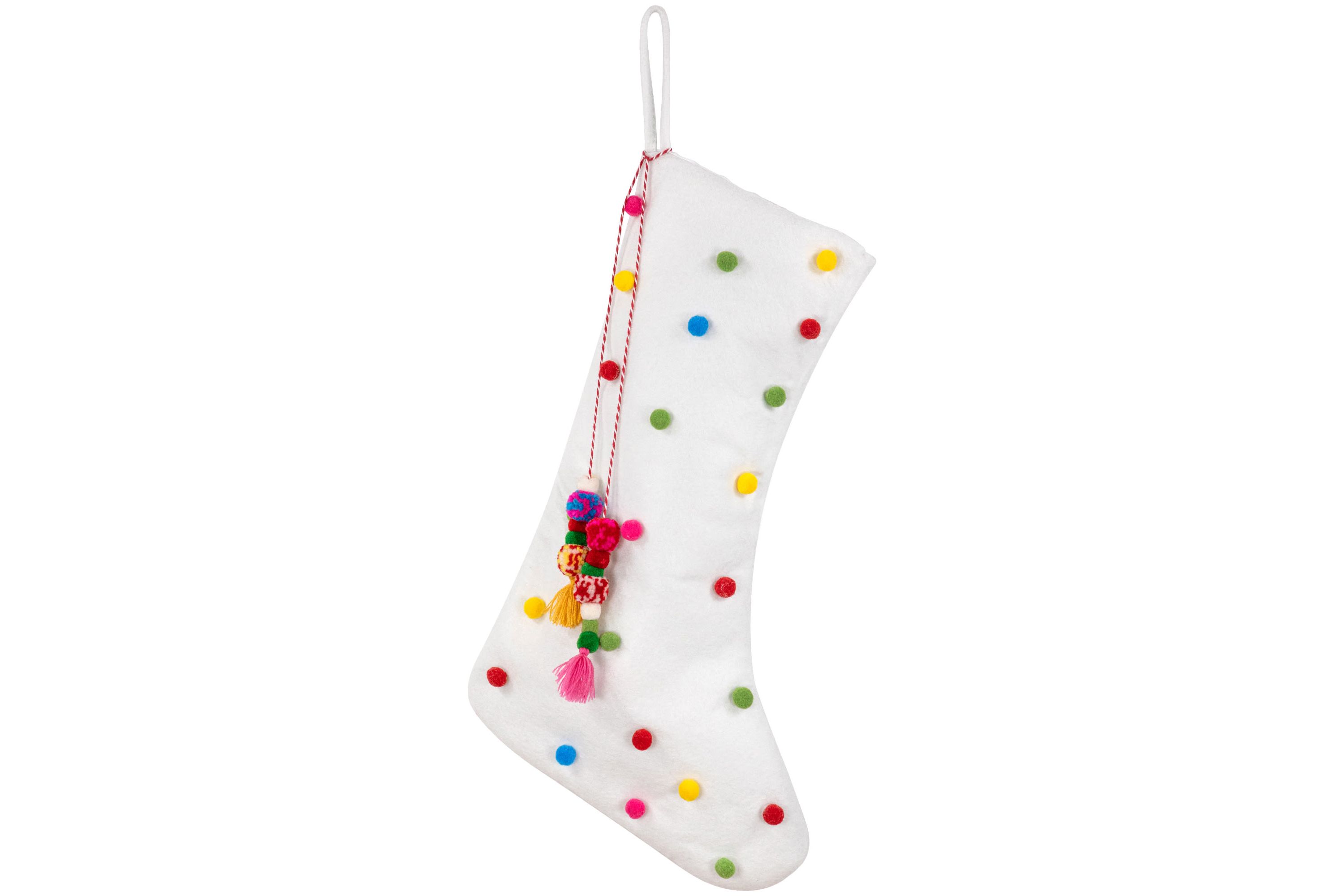 20" White Christmas Stocking with Multicolor Pom-Poms and Tassels