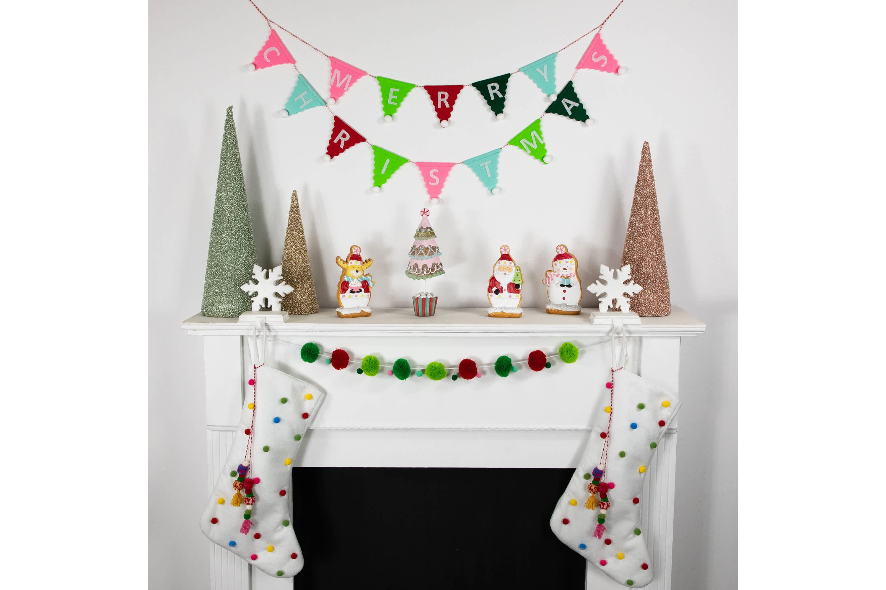 20" White Christmas Stocking with Multicolor Pom-Poms and Tassels