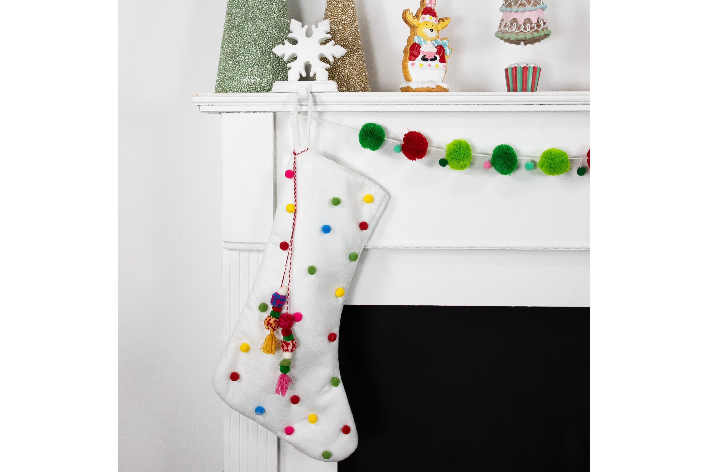 20" White Christmas Stocking with Multicolor Pom-Poms and Tassels