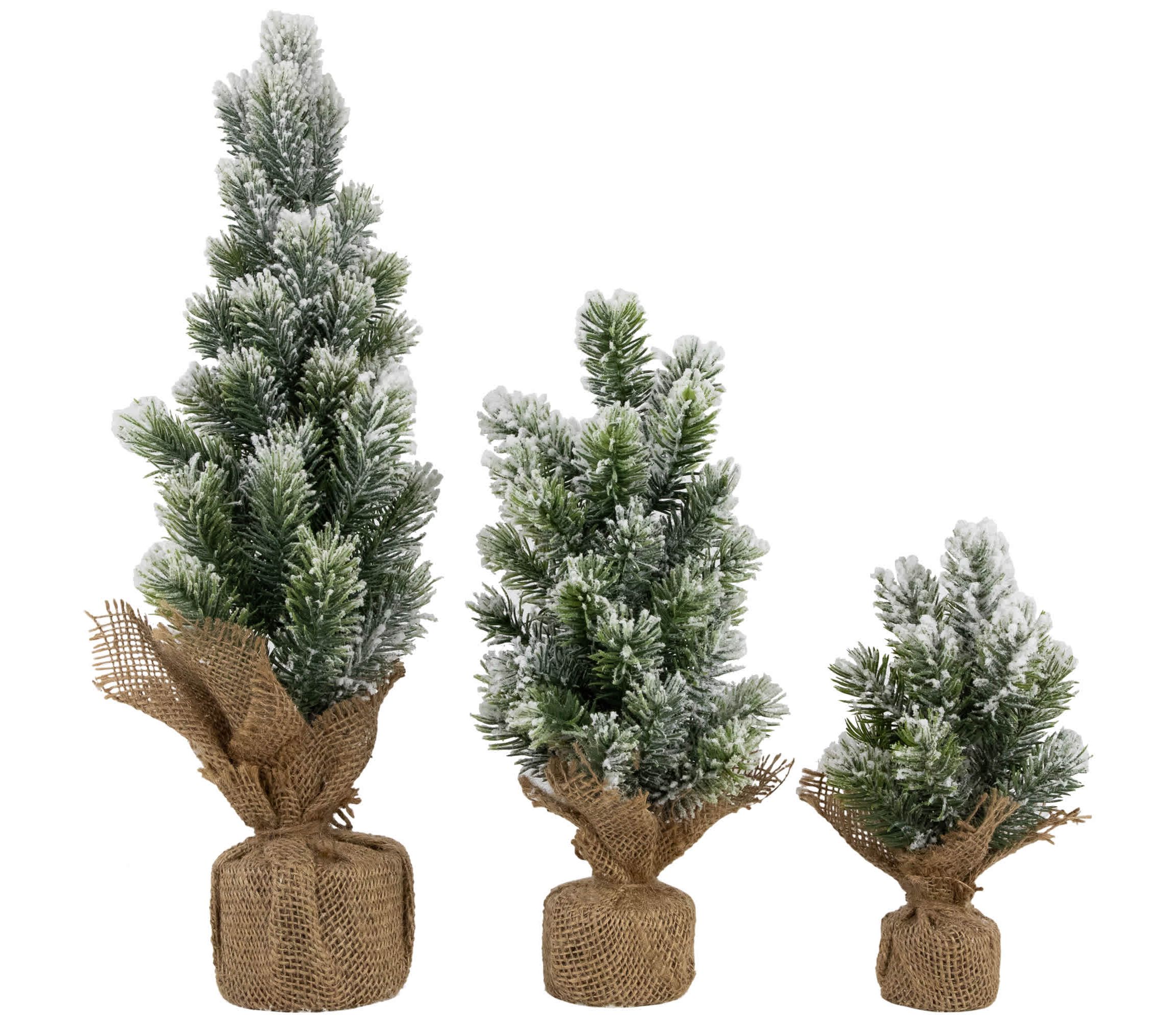 Mini Flocked Pine Artificial Christmas Trees with Burlap Base - 18" - Set of 3