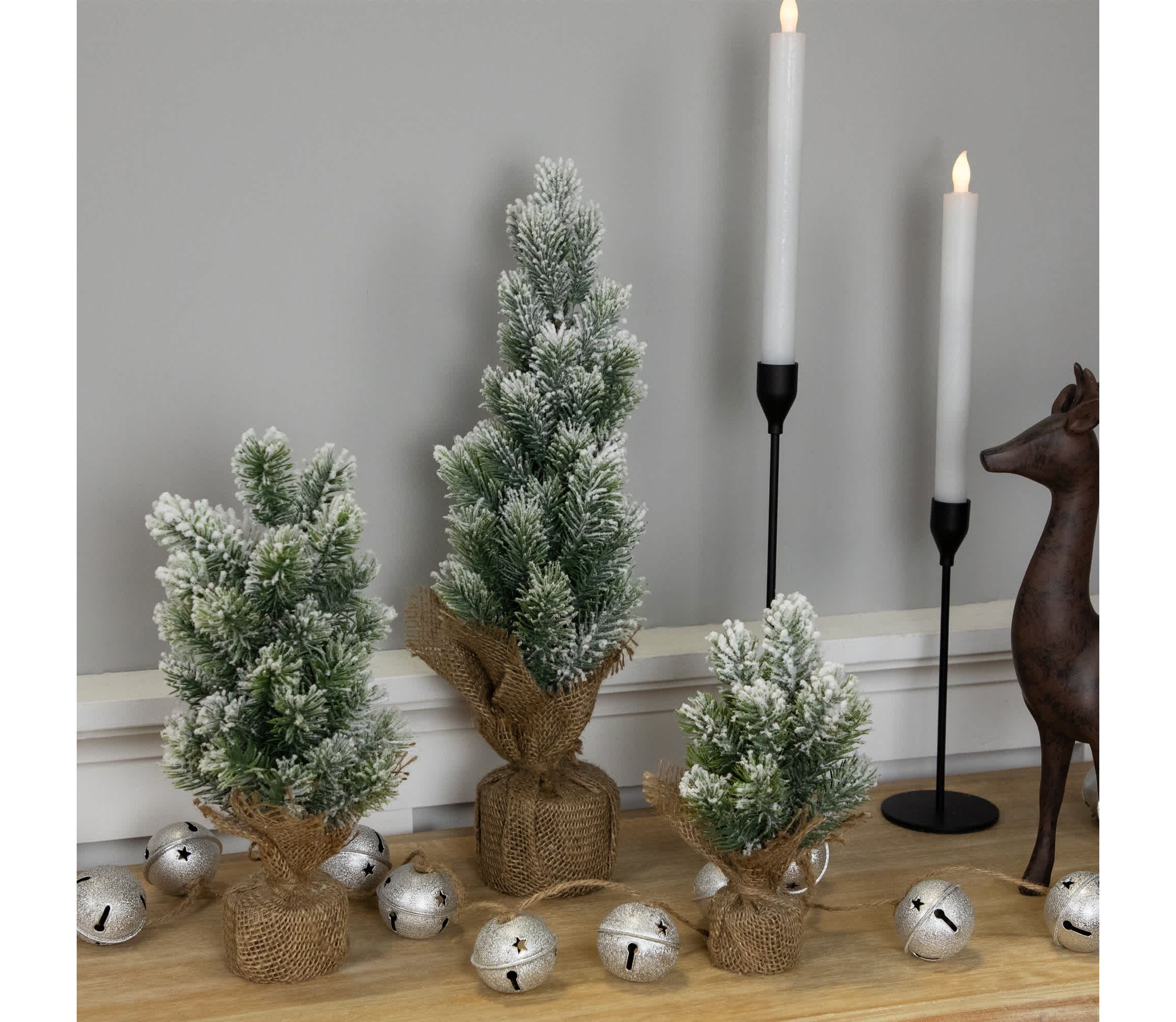Mini Flocked Pine Artificial Christmas Trees with Burlap Base - 18" - Set of 3