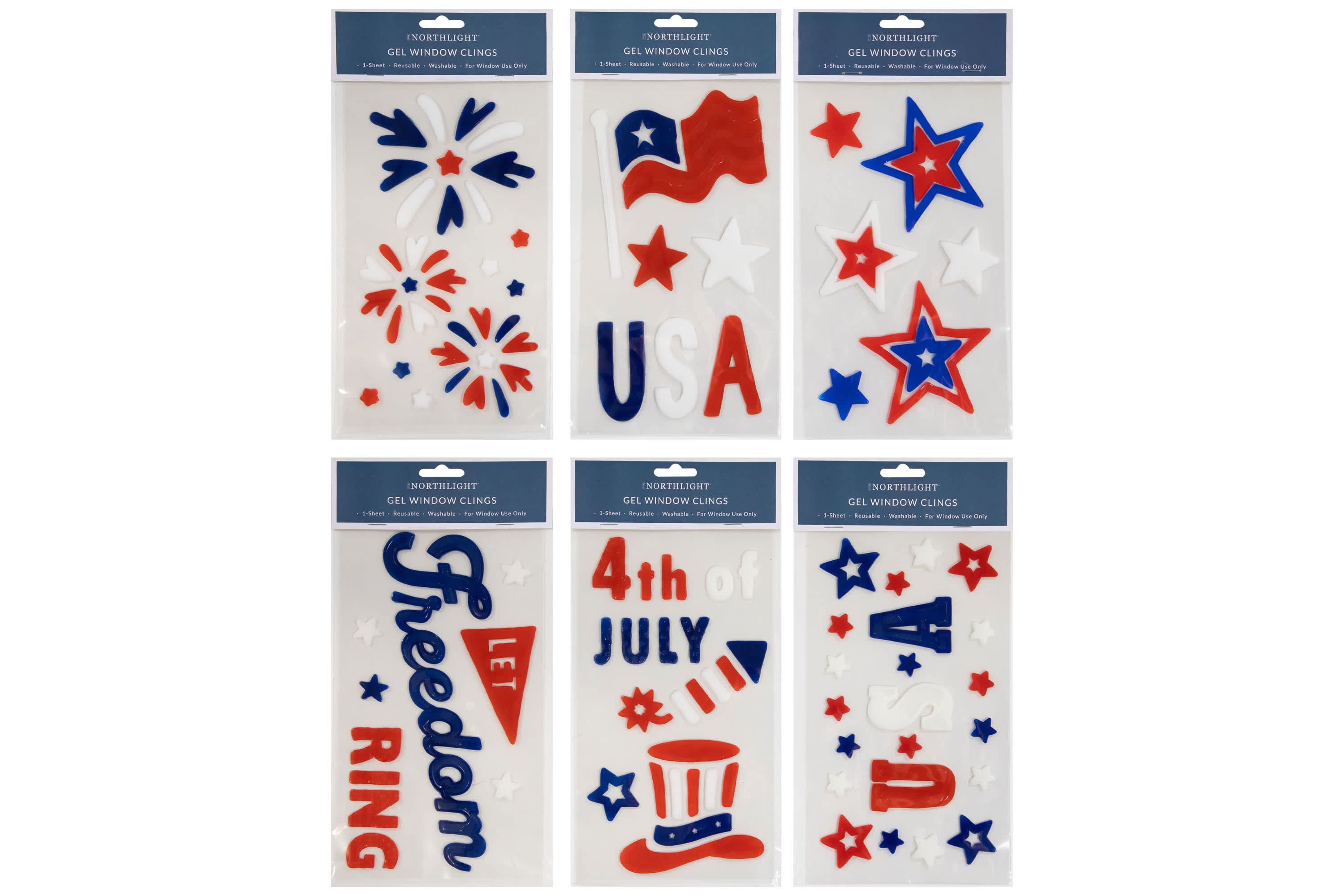 Set of 6 Double Sided Patriotic Celebration Gel Window Clings