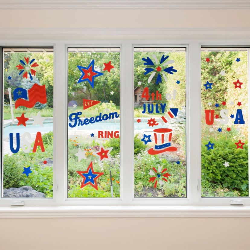 Set of 6 Double Sided Patriotic Celebration Gel Window Clings