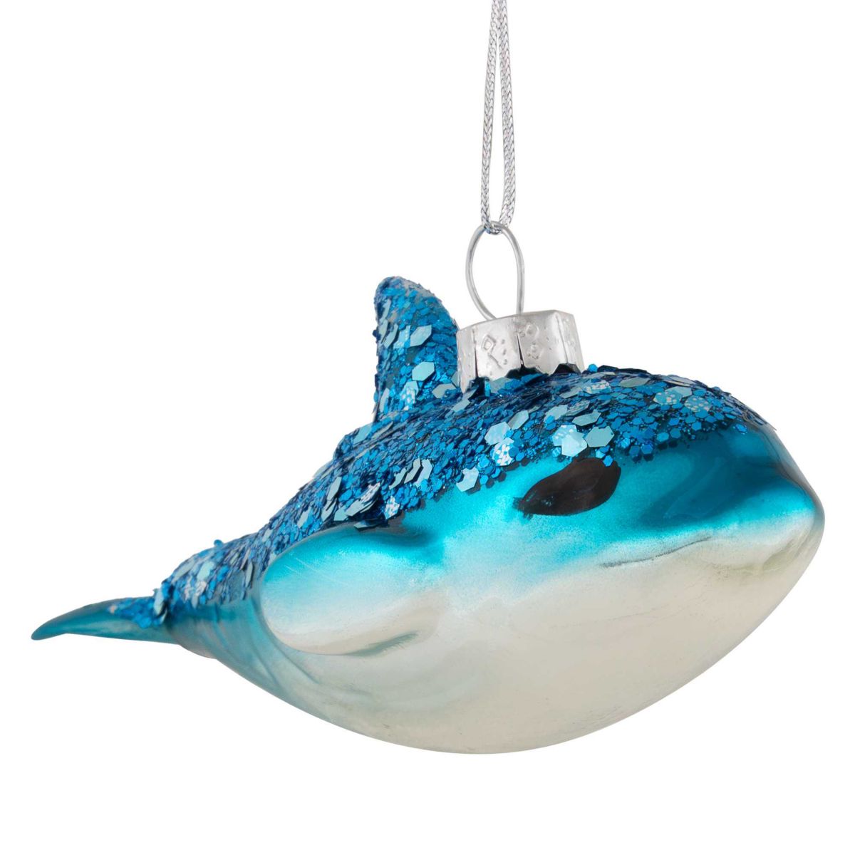 Dolphin Glittered Glass Christmas Hanging Ornament - 4.75" - Sea Blue and White