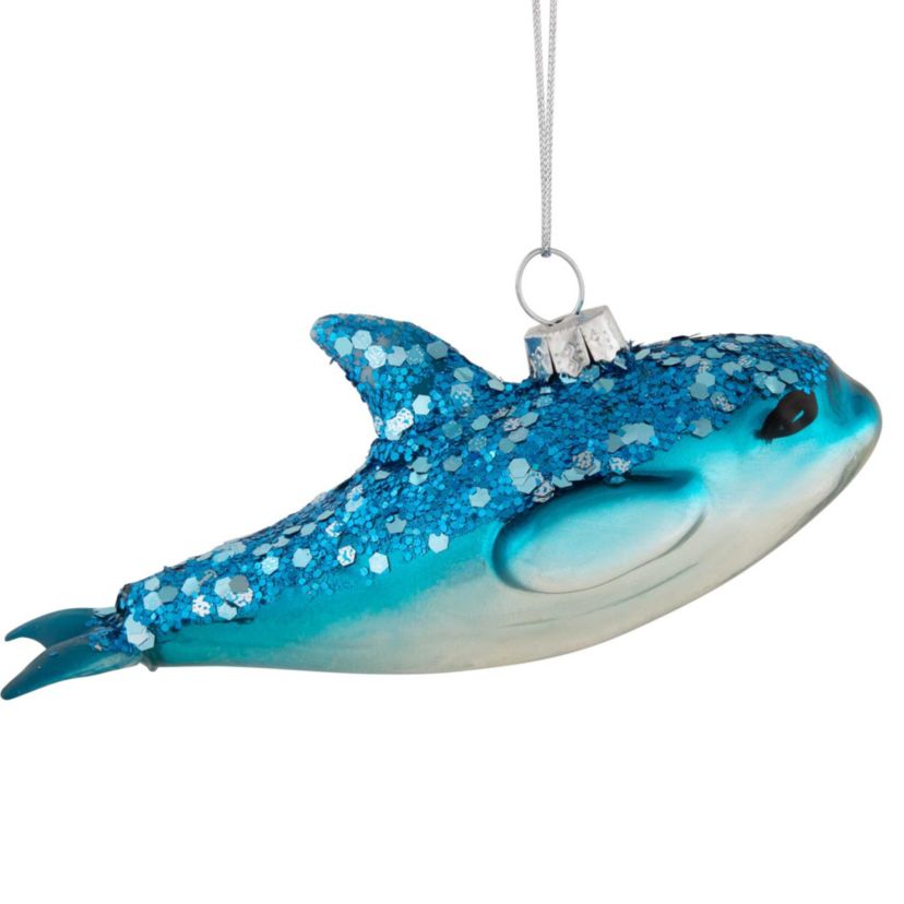 Dolphin Glittered Glass Christmas Hanging Ornament - 4.75" - Sea Blue and White
