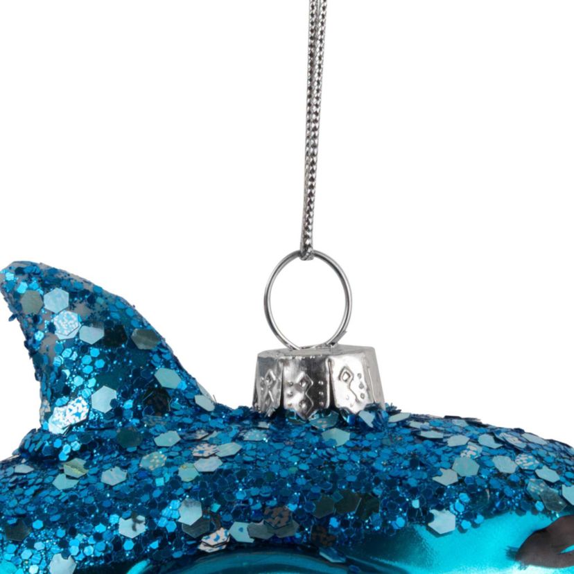 Dolphin Glittered Glass Christmas Hanging Ornament - 4.75" - Sea Blue and White