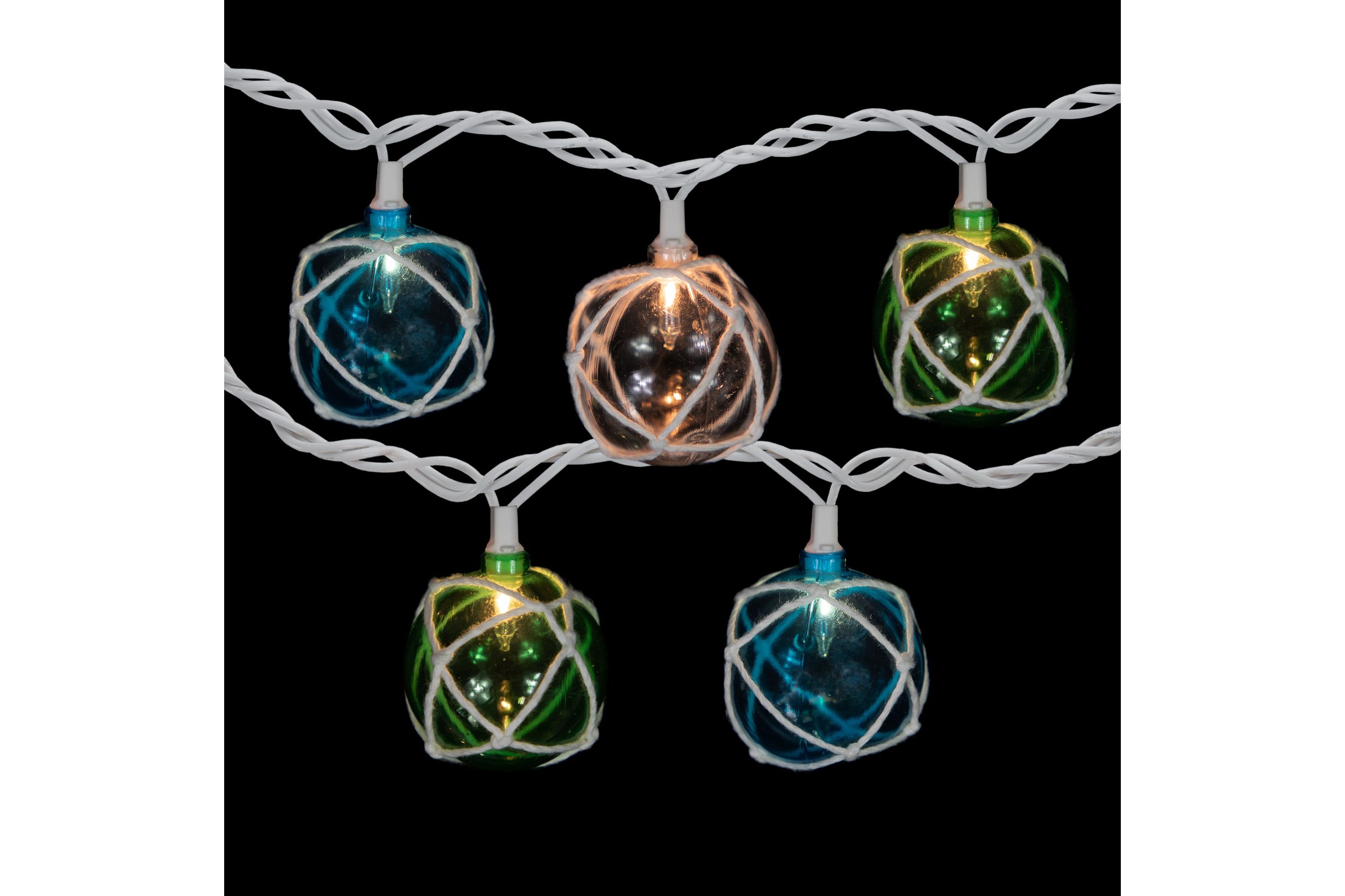 10ct White Twine Wrapped Multi-Color Ball Christmas Light Set  6ft Green Wire