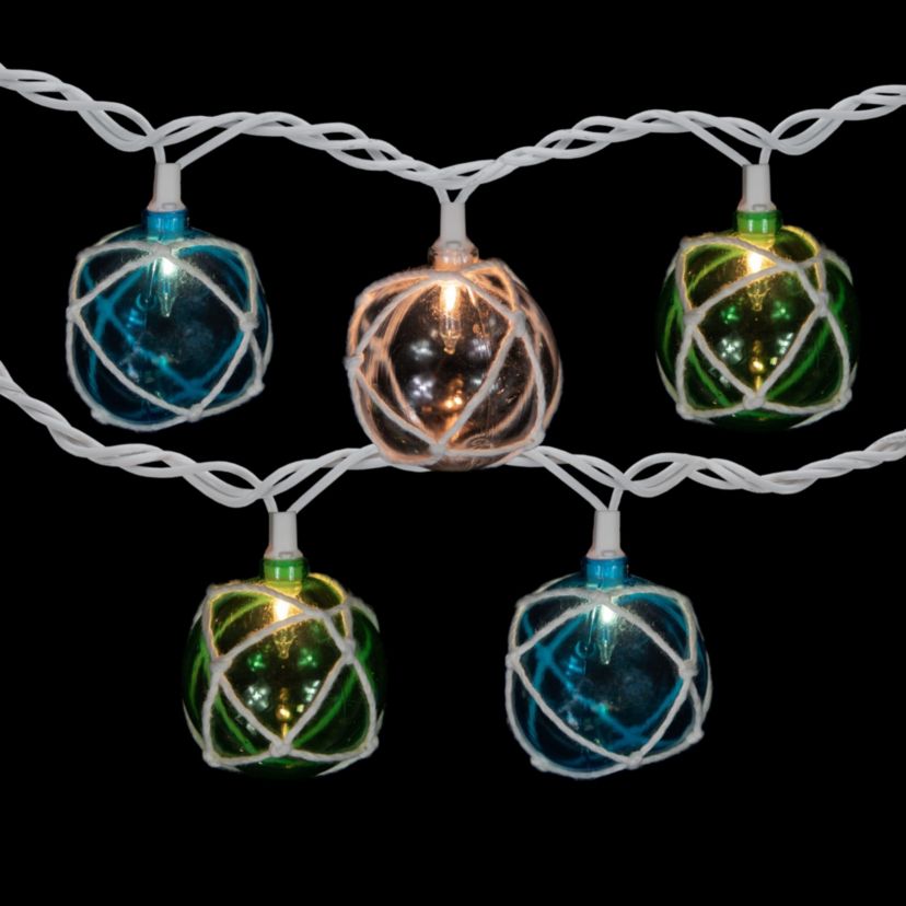 10ct White Twine Wrapped Multi-Color Ball Christmas Light Set  6ft Green Wire