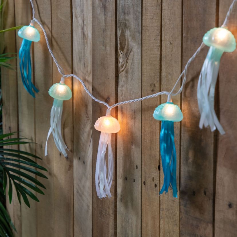Jellyfish Patio Light Set - Blue and White - 6 White Wire - 10ct