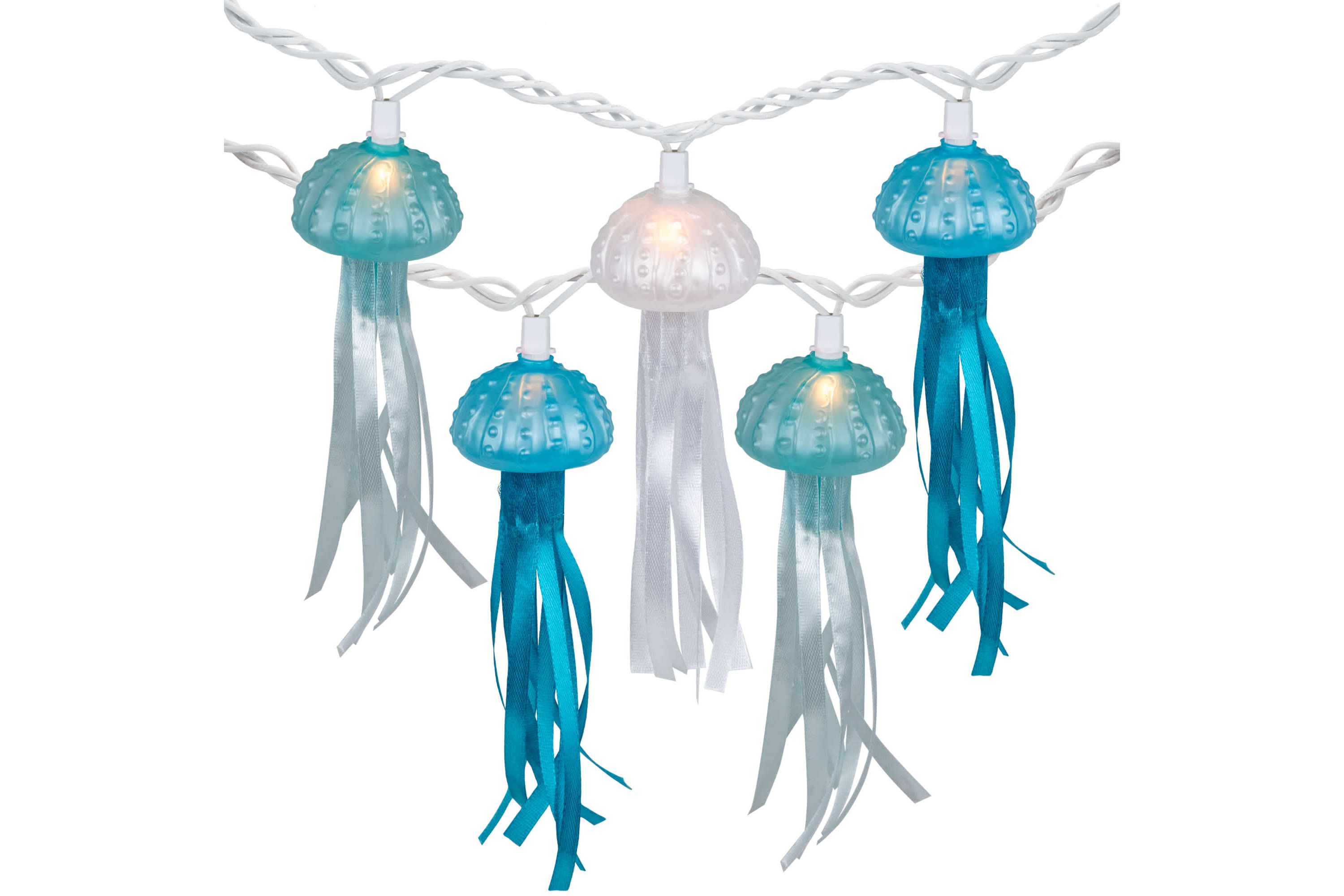 Jellyfish Patio Light Set - Blue and White - 6 White Wire - 10ct
