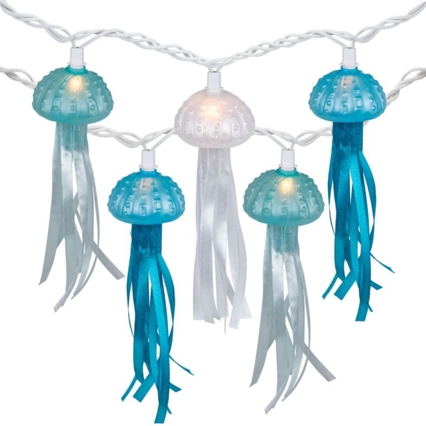 Jellyfish Patio Light Set - Blue and White - 6 White Wire - 10ct
