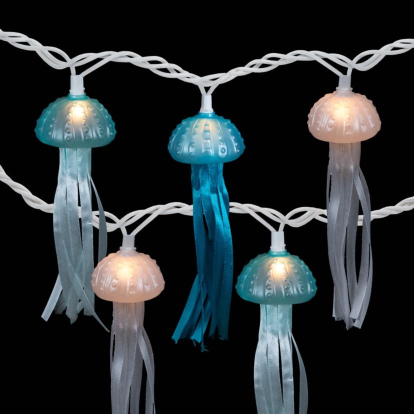 Jellyfish Patio Light Set - Blue and White - 6 White Wire - 10ct