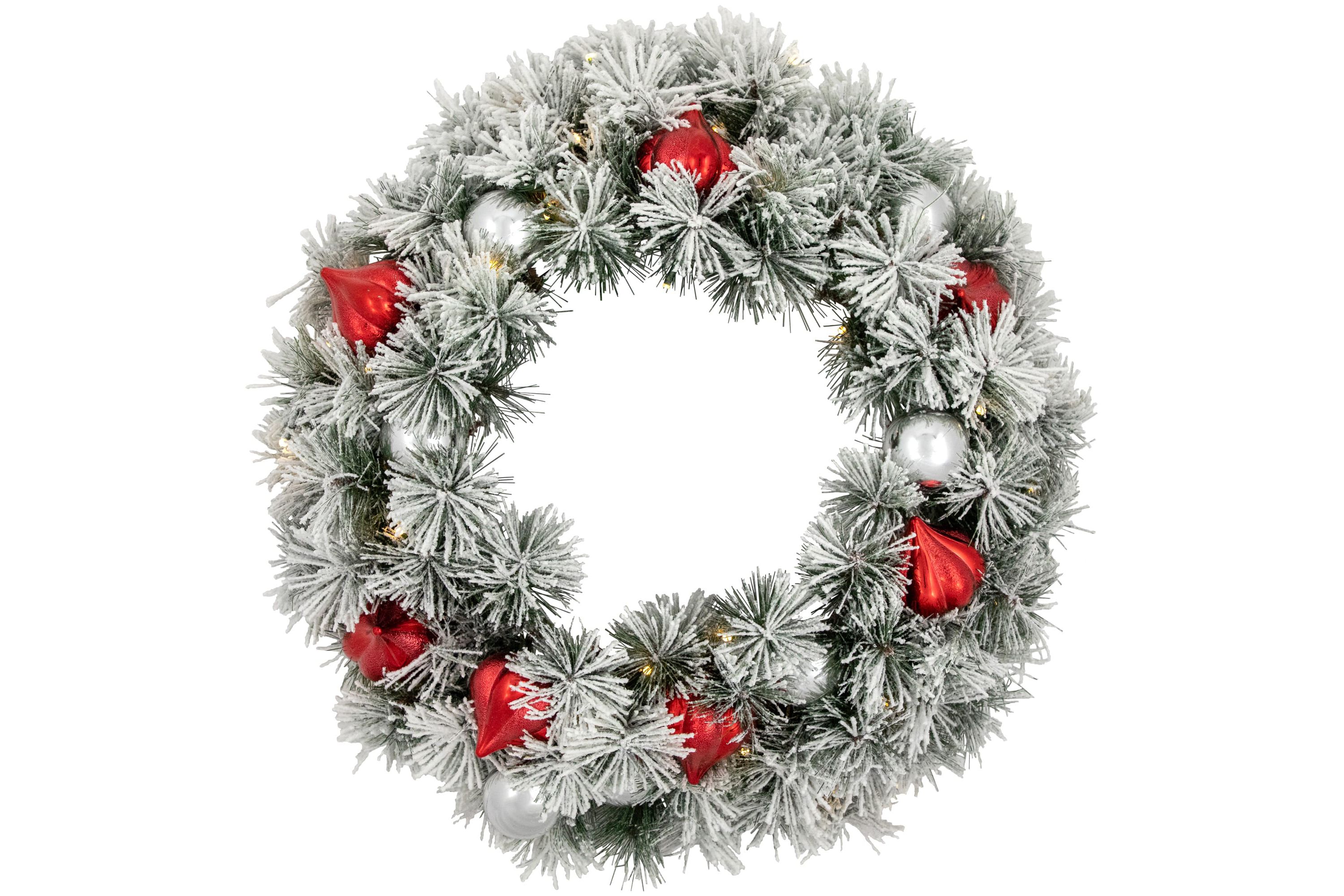 Pre-Lit Snowy Bristle Pine Christmas Wreath, 24-Inch, Warm White LED Lights