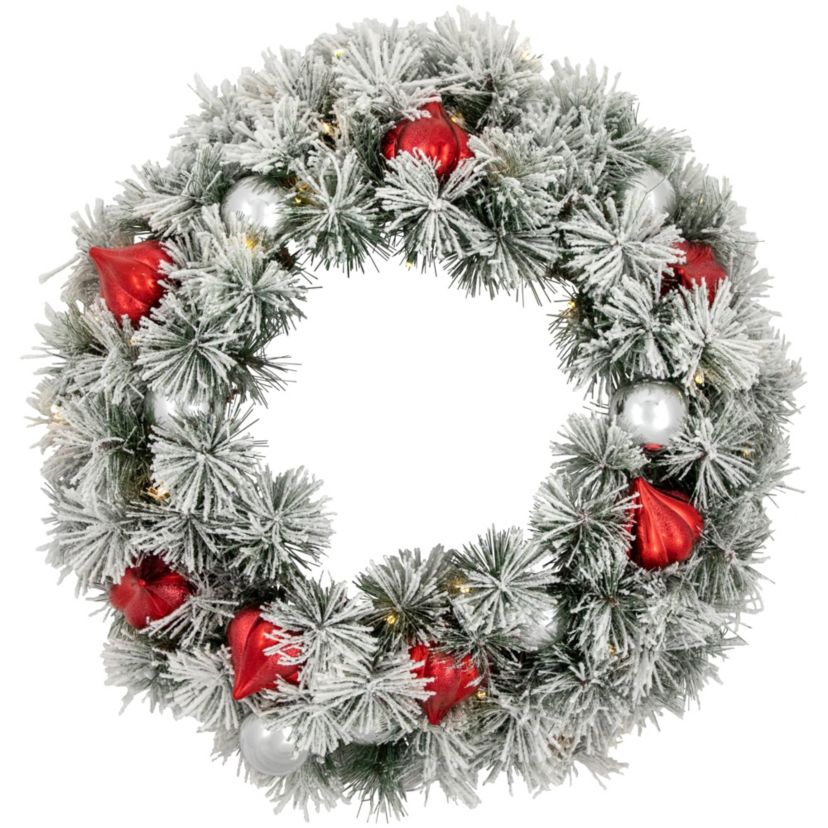 Pre-Lit Snowy Bristle Pine Christmas Wreath, 24-Inch, Warm White LED Lights