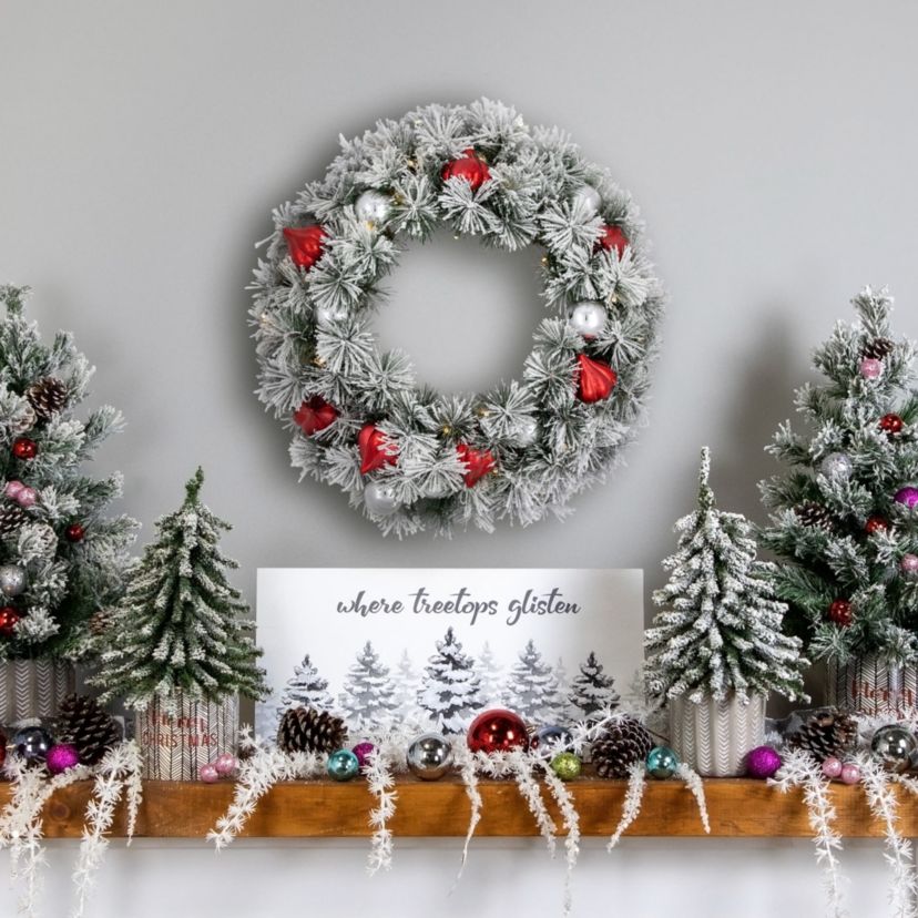 Pre-Lit Snowy Bristle Pine Christmas Wreath, 24-Inch, Warm White LED Lights