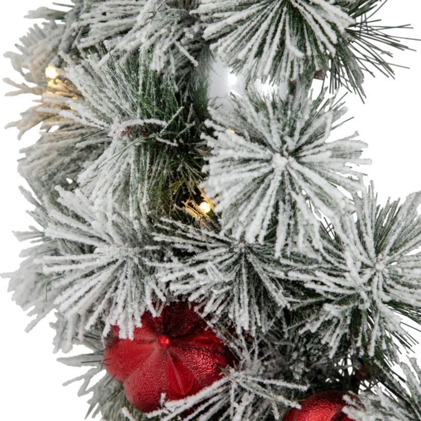 Pre-Lit Snowy Bristle Pine Christmas Wreath, 24-Inch, Warm White LED Lights
