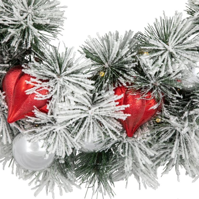 Pre-Lit Snowy Bristle Pine Christmas Wreath, 24-Inch, Warm White LED Lights