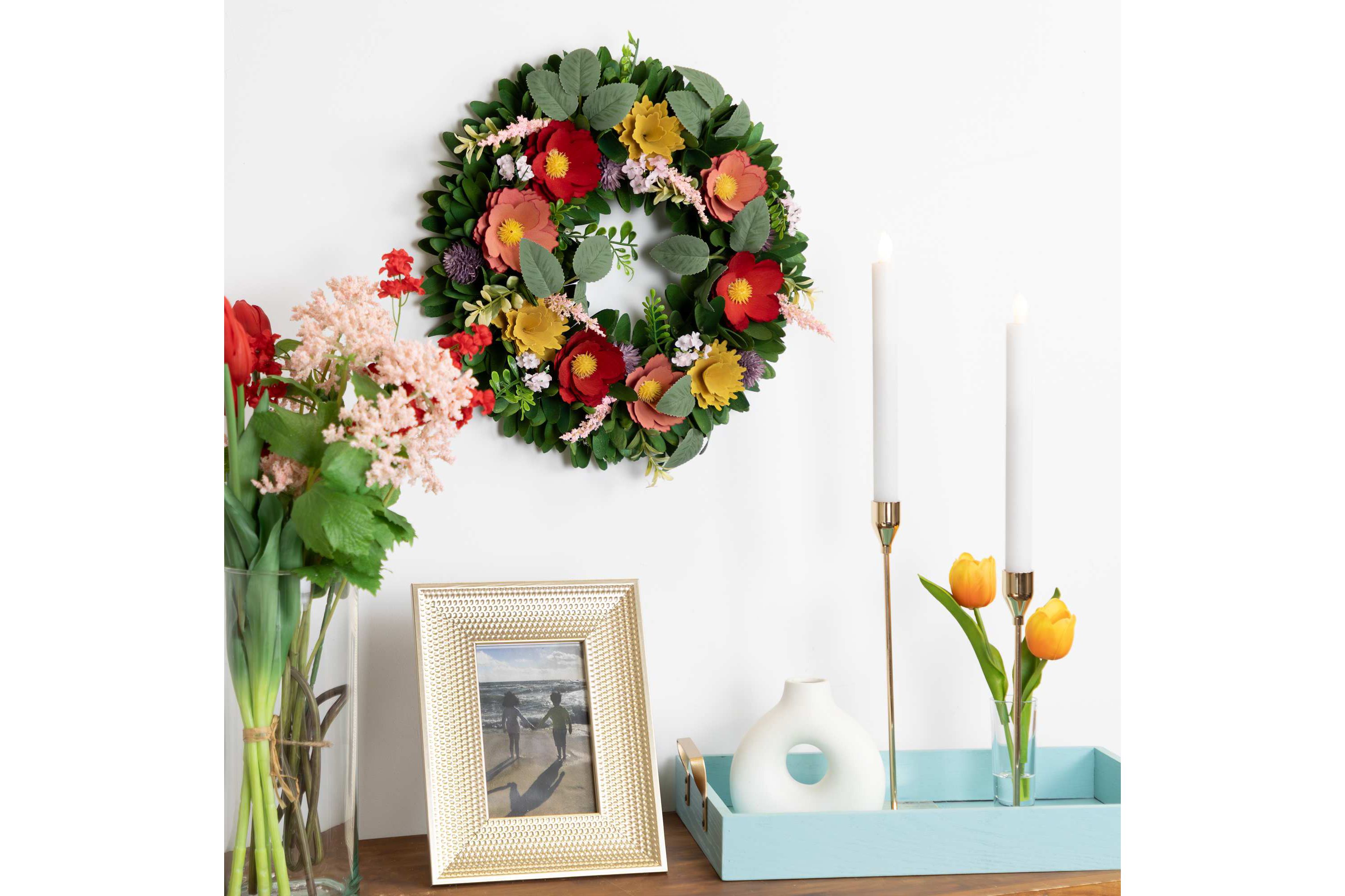 Wooden Mixed Floral and Foliage Artificial Spring Wreath - 13.75"