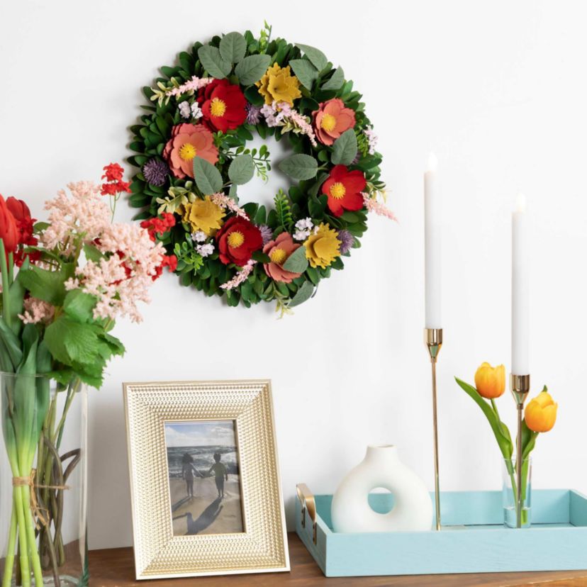 Wooden Mixed Floral and Foliage Artificial Spring Wreath - 13.75"