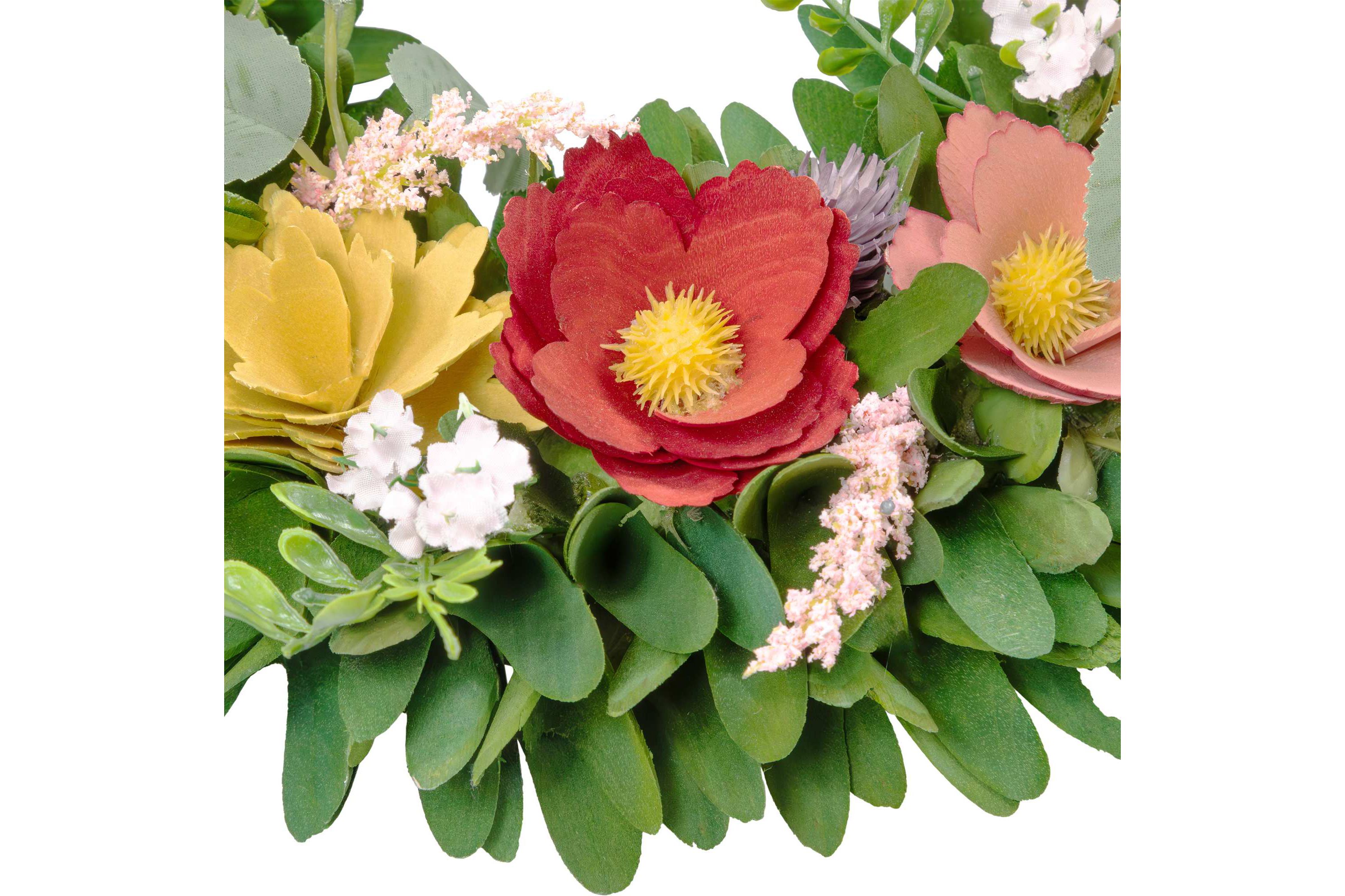 Wooden Mixed Floral and Foliage Artificial Spring Wreath - 13.75"