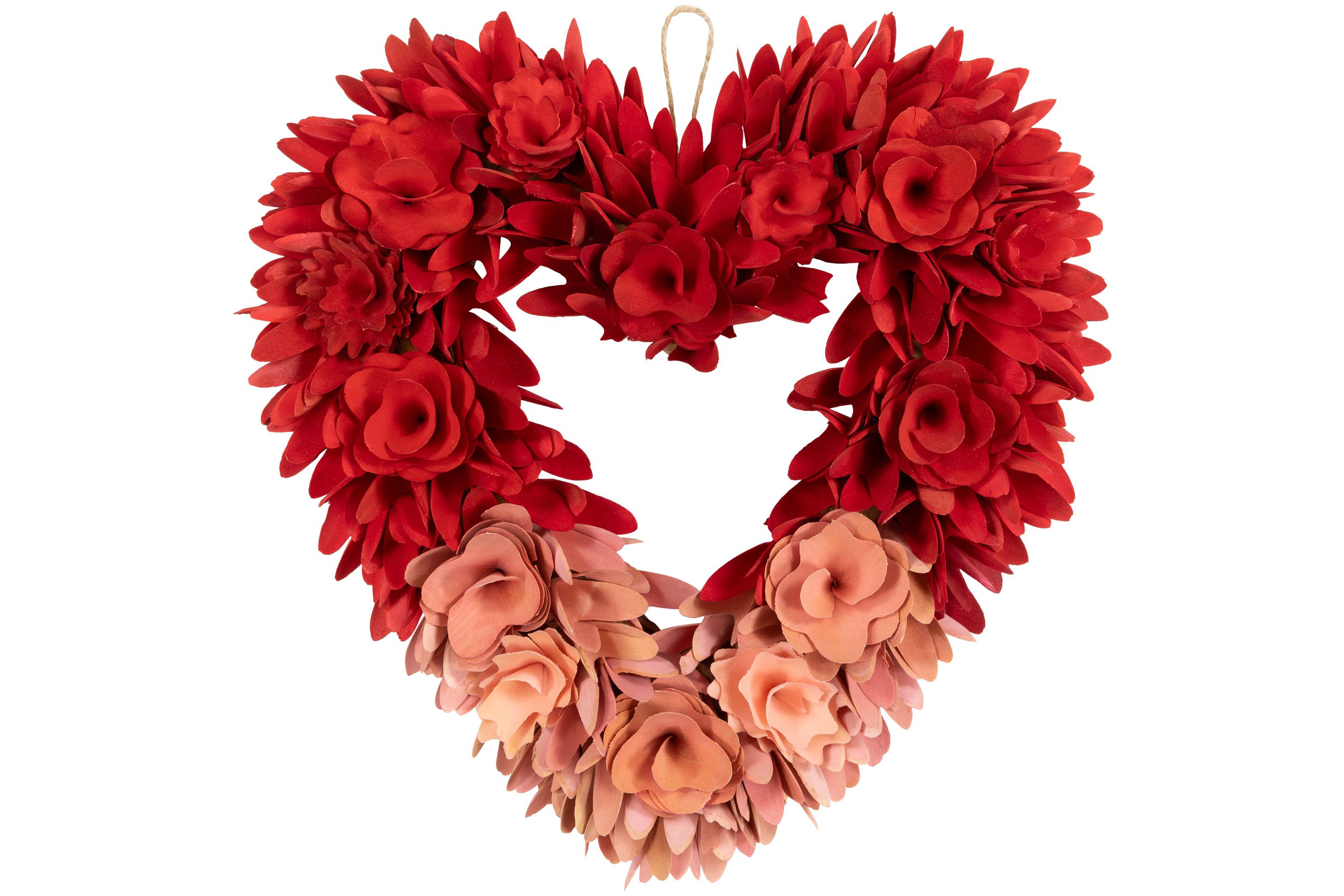Wooden Rose Artificial Valentines Day Floral Wreath - 15" - Red and Pink