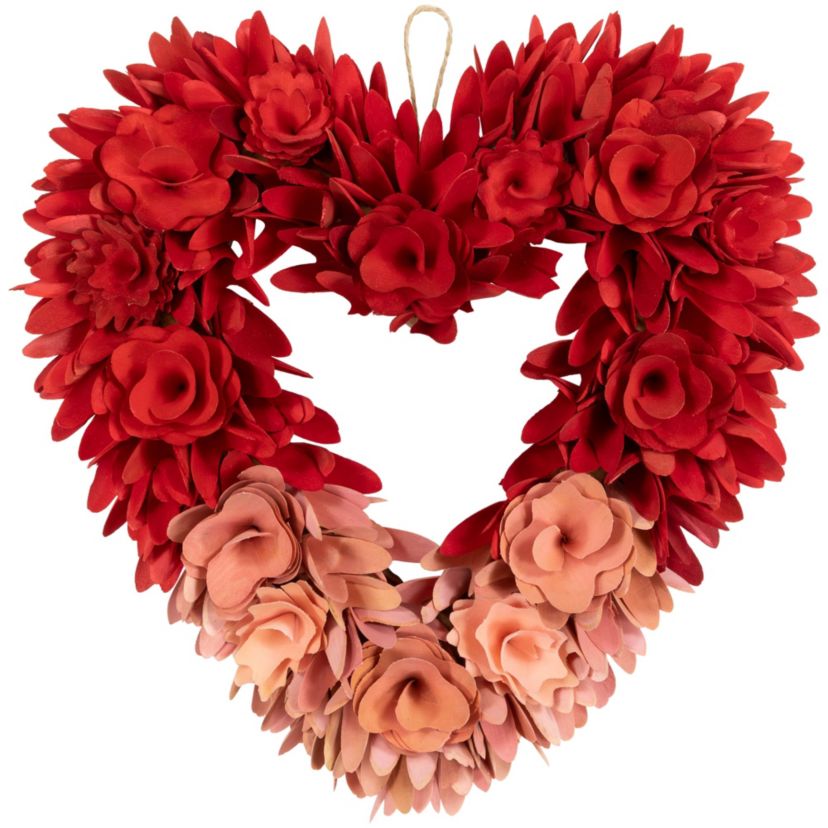 Wooden Rose Artificial Valentines Day Floral Wreath - 15" - Red and Pink