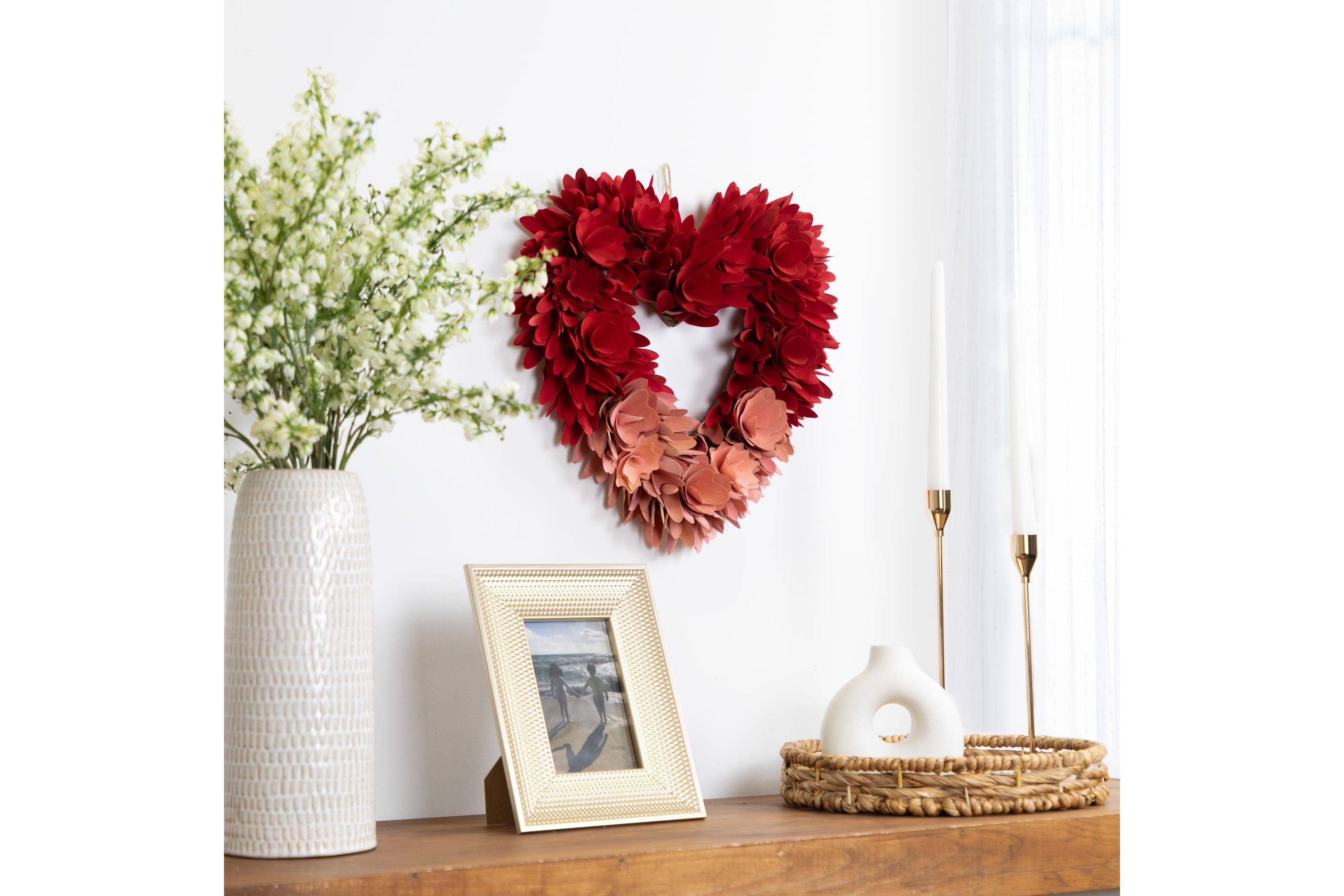 Wooden Rose Artificial Valentines Day Floral Wreath - 15" - Red and Pink