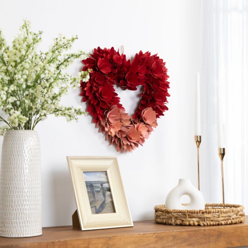 Wooden Rose Artificial Valentines Day Floral Wreath - 15" - Red and Pink