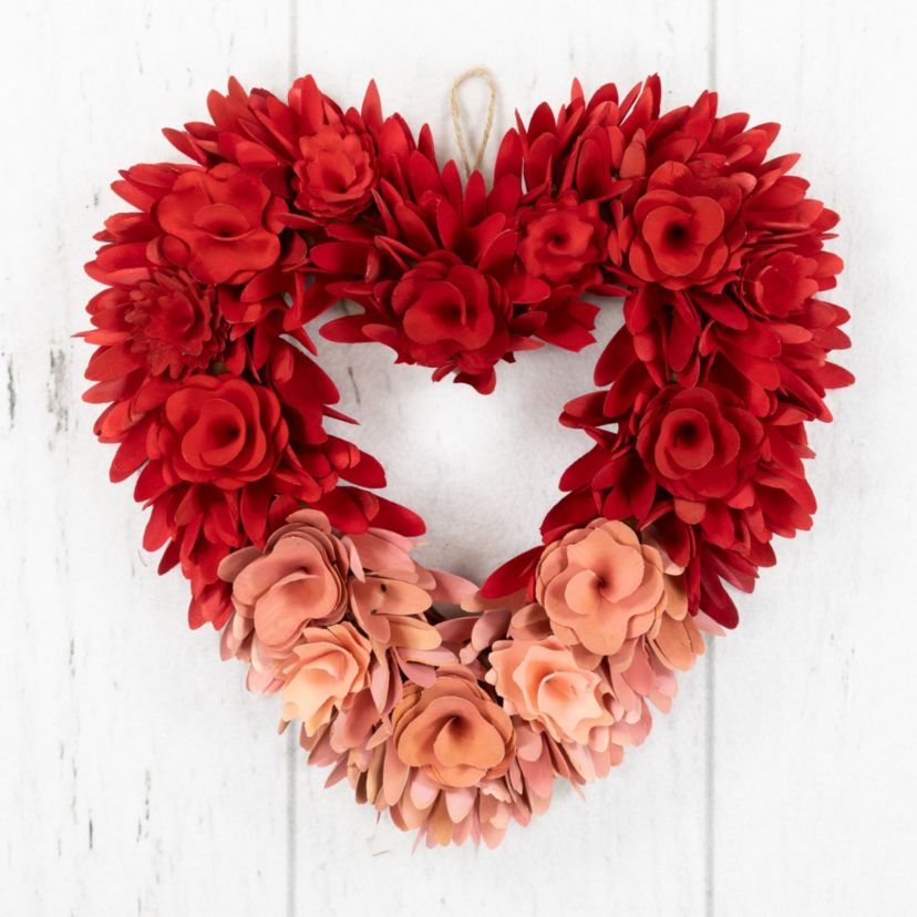 Wooden Rose Artificial Valentines Day Floral Wreath - 15" - Red and Pink