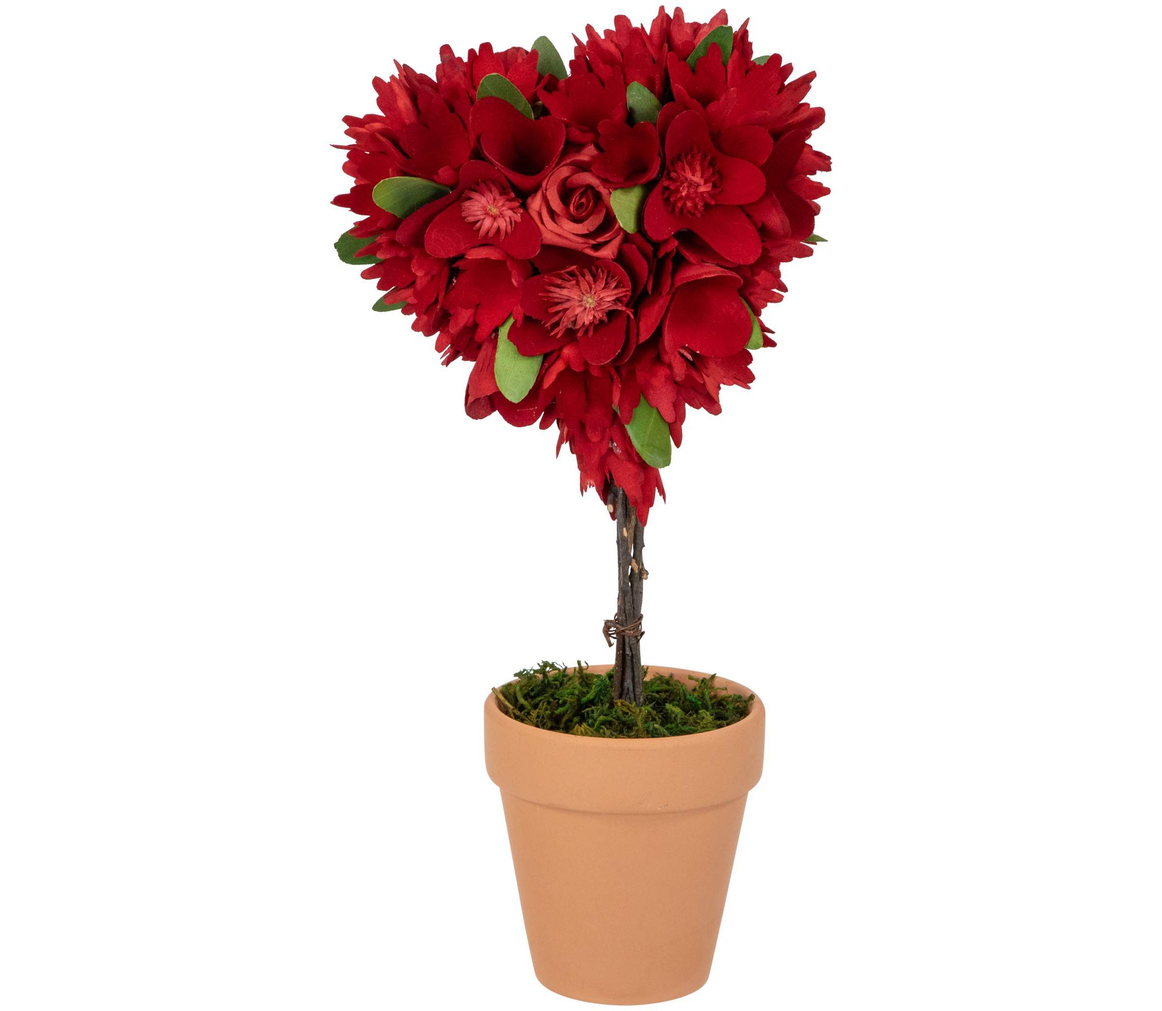 Wooden Mixed Floral Valentines Day Artificial Potted Topiary - 14" - Red