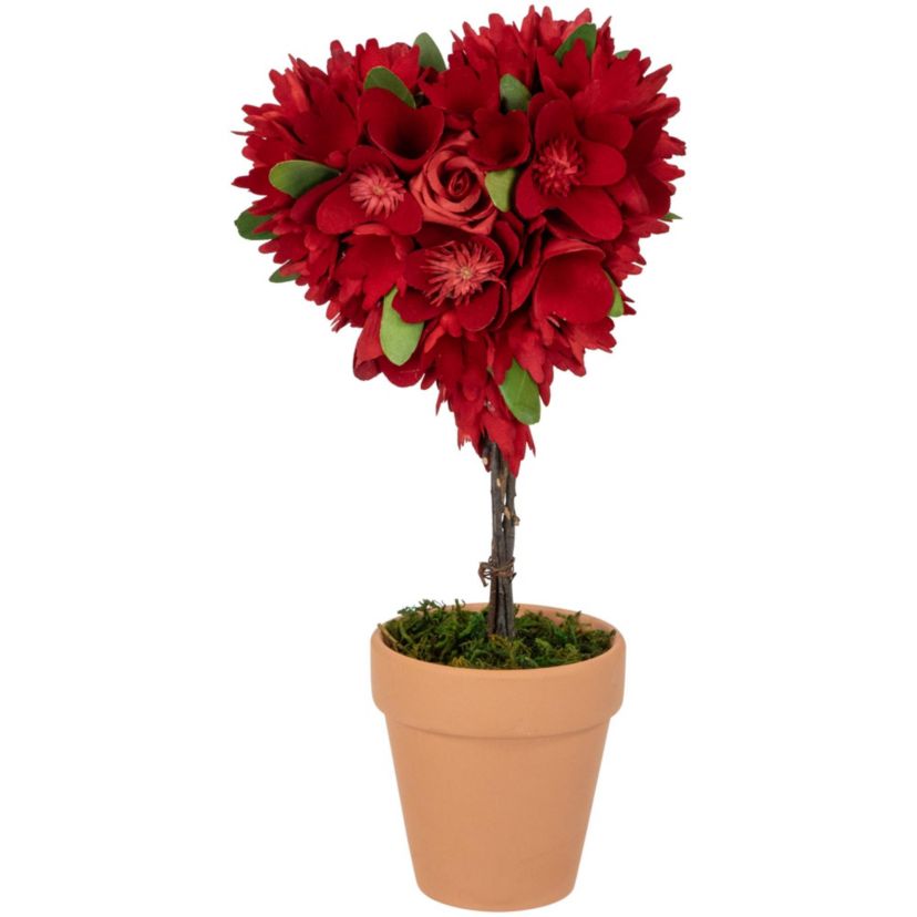 Wooden Mixed Floral Valentines Day Artificial Potted Topiary - 14" - Red