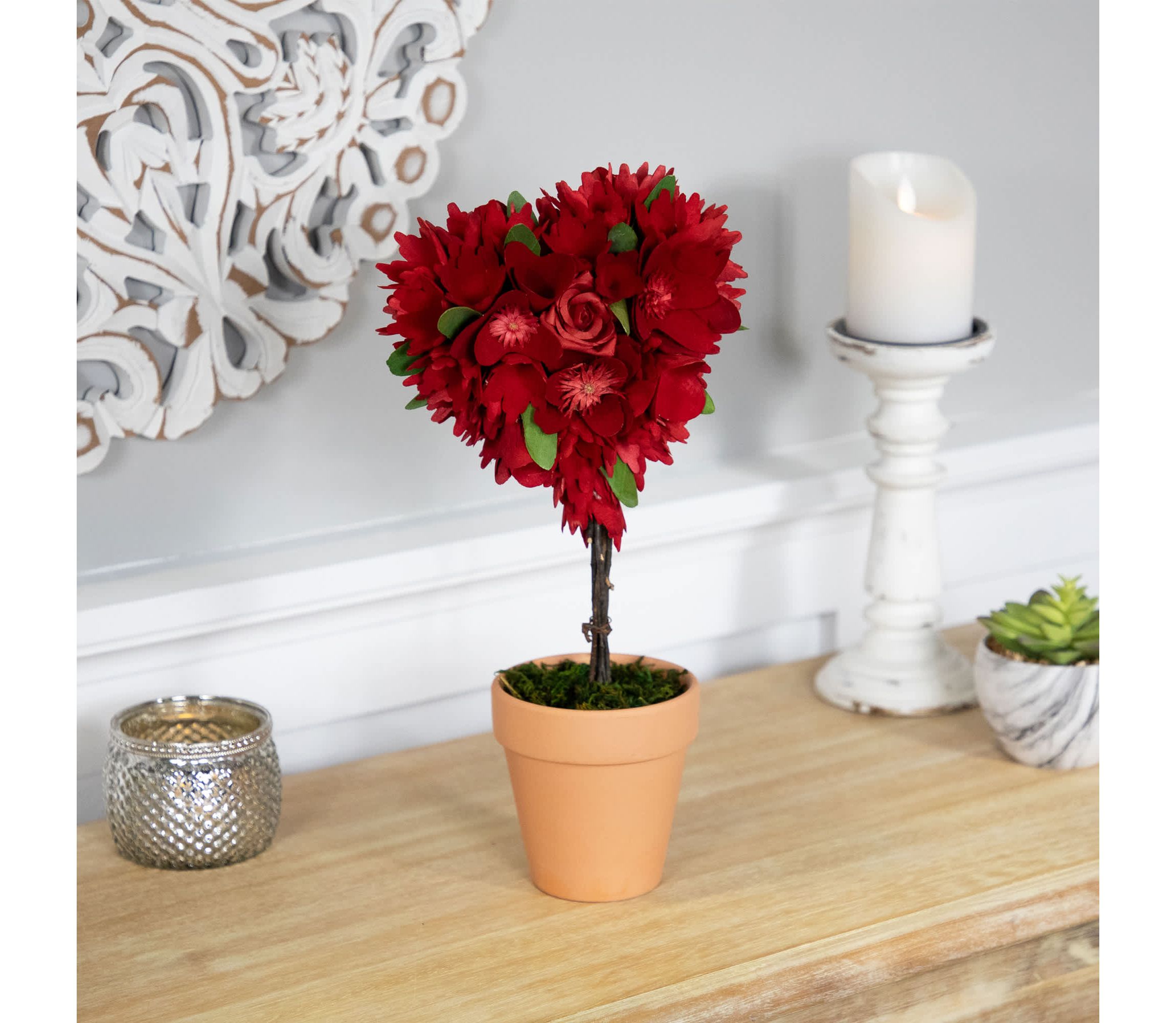 Wooden Mixed Floral Valentines Day Artificial Potted Topiary - 14" - Red