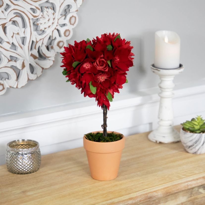 Wooden Mixed Floral Valentines Day Artificial Potted Topiary - 14" - Red