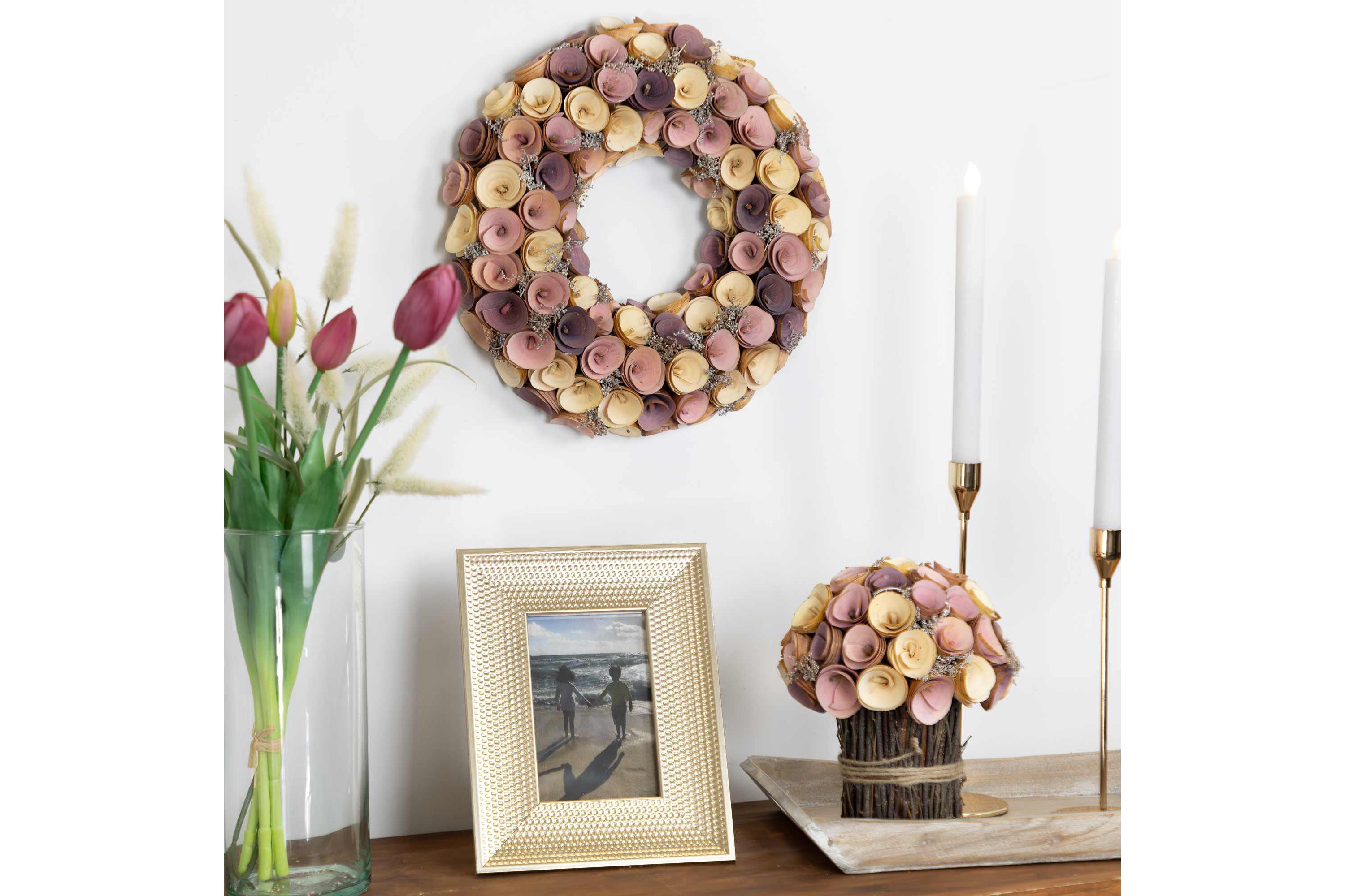 Artificial Floral Wooden Spring Wreath - 12" - Pink and Yellow