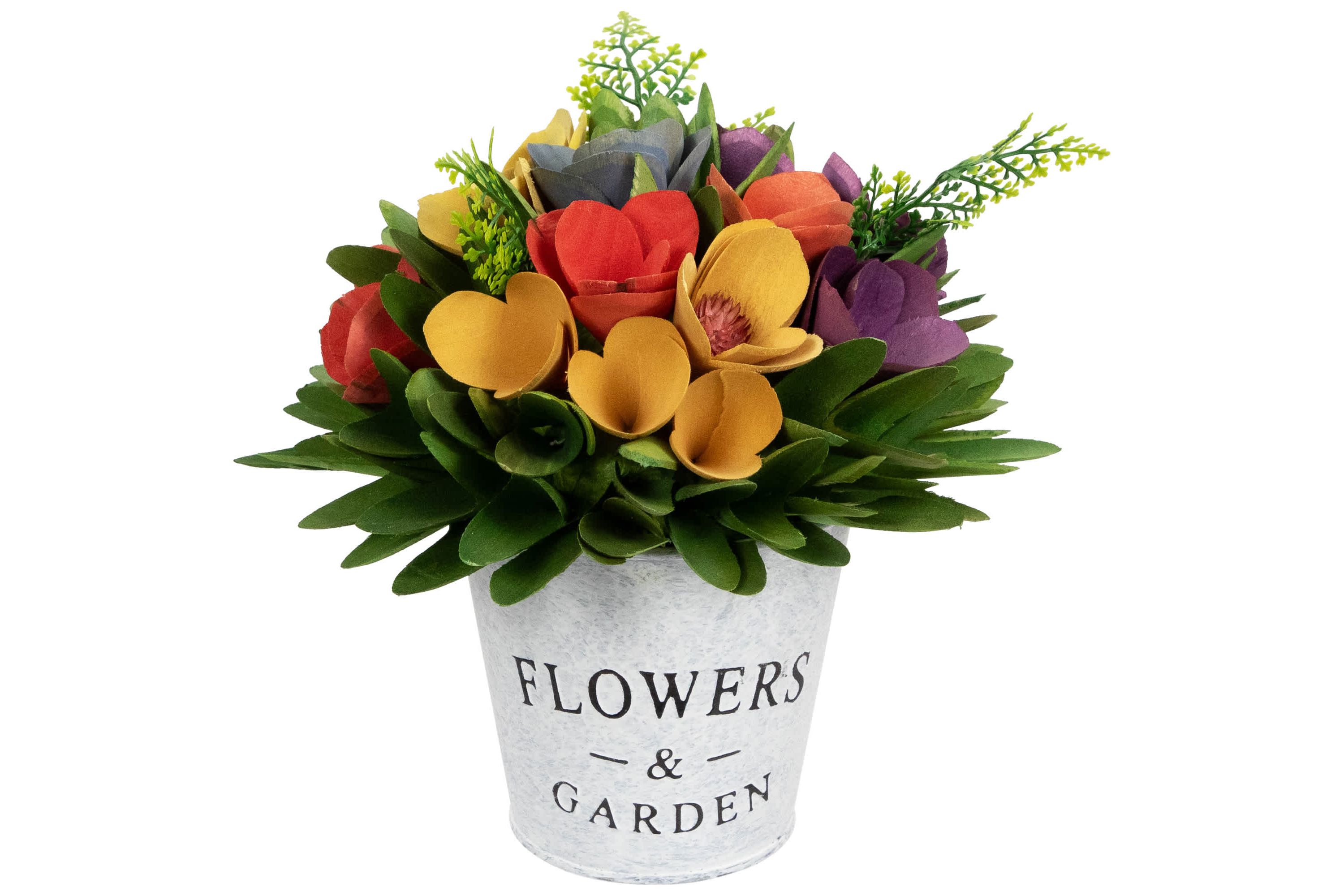 Wooden Artificial Spring Floral Arrangement with "Flowers and Garden" Pot - 8"