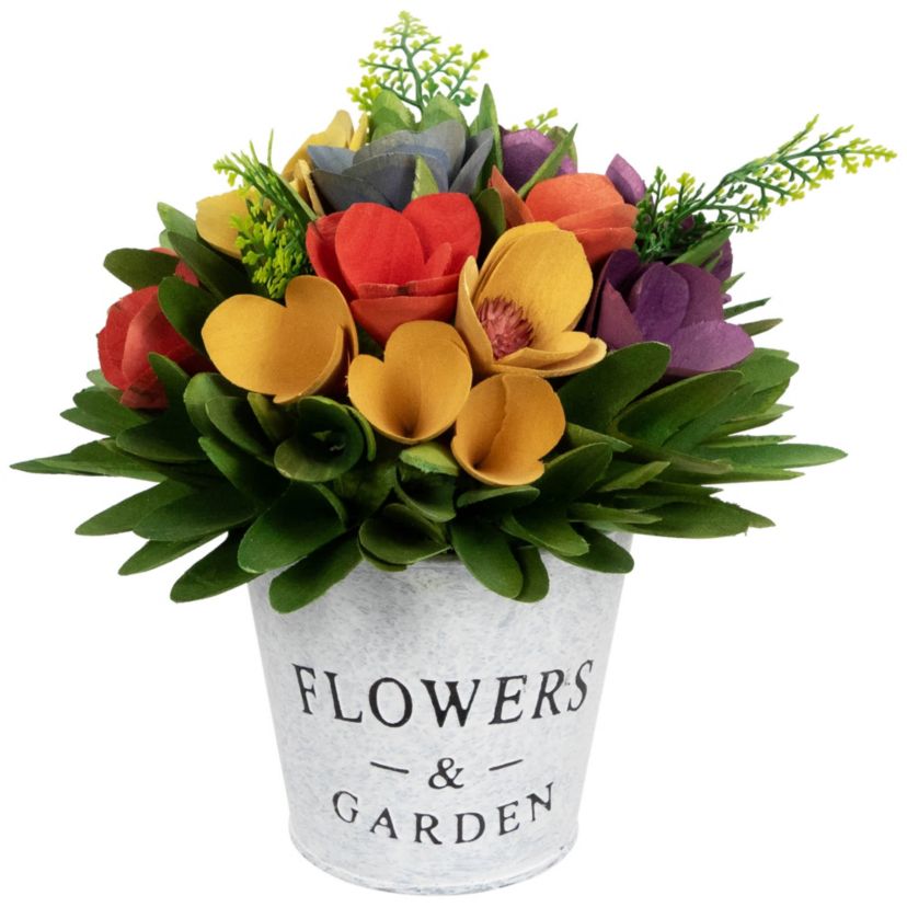 Wooden Artificial Spring Floral Arrangement with "Flowers and Garden" Pot - 8"