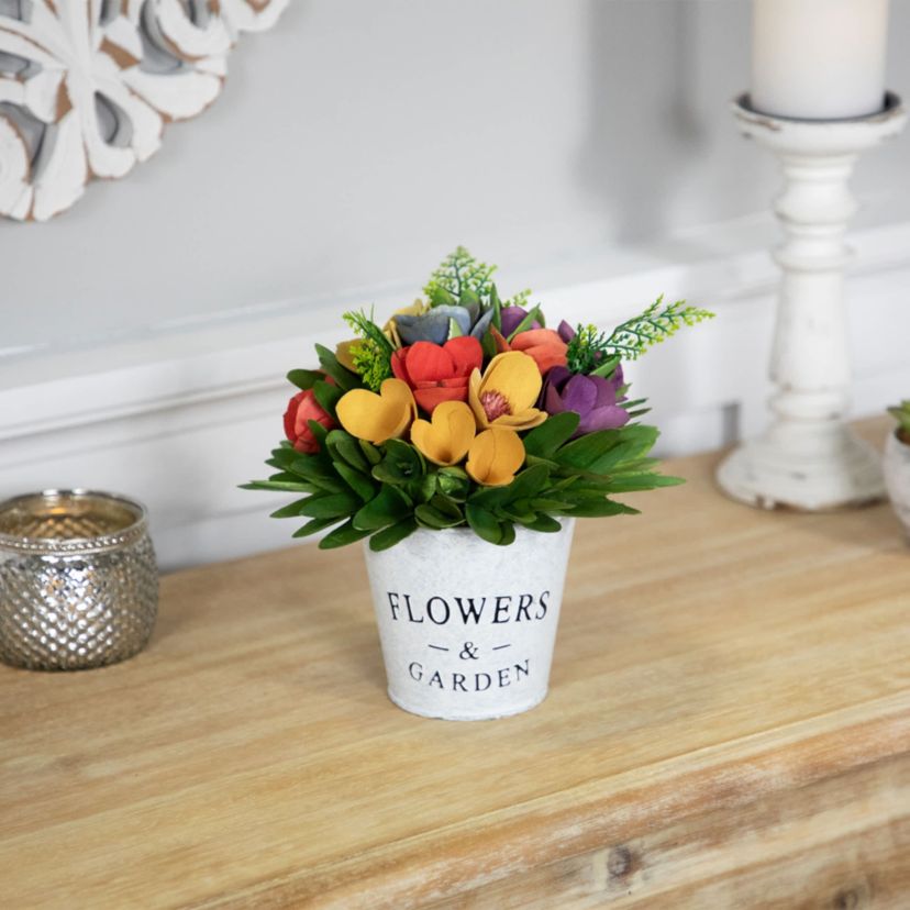 Wooden Artificial Spring Floral Arrangement with "Flowers and Garden" Pot - 8"