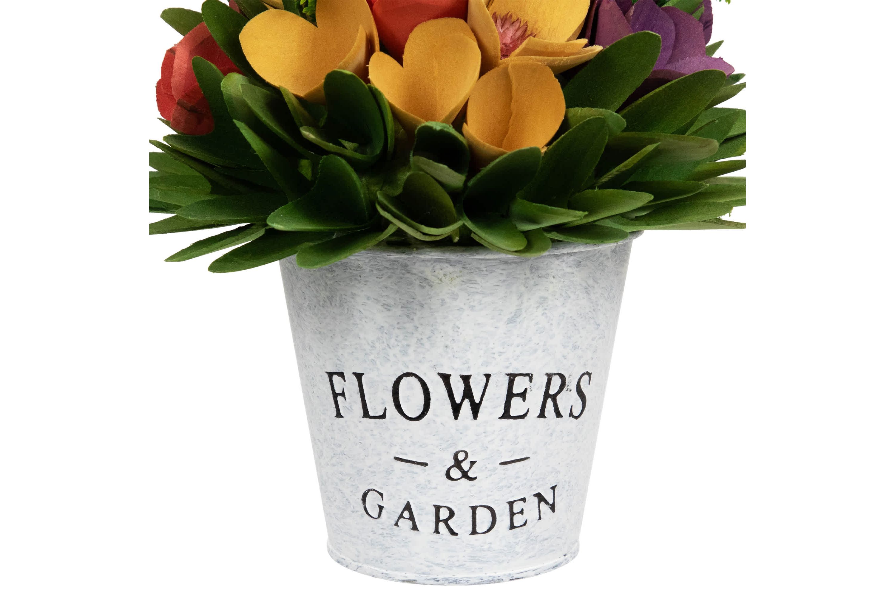 Wooden Artificial Spring Floral Arrangement with "Flowers and Garden" Pot - 8"